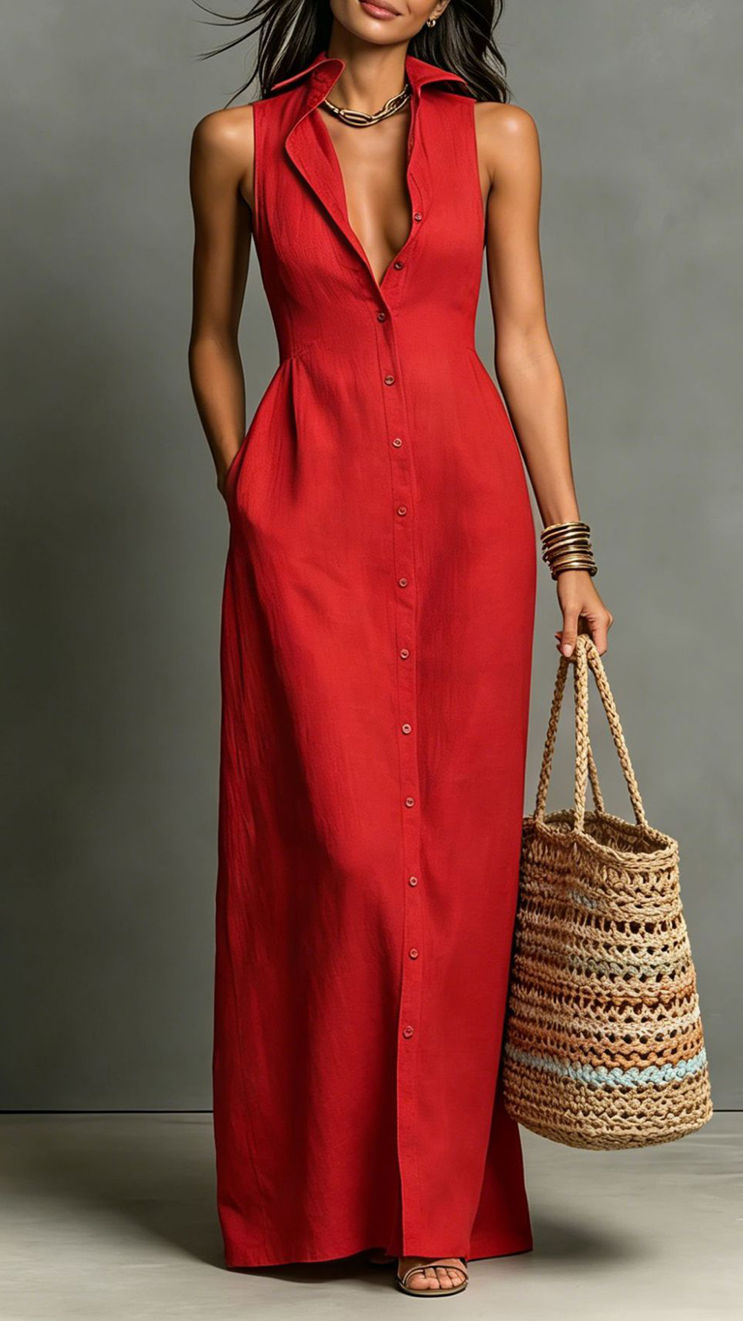Women's Cotton‑blend Collared Sleeveless Single‑breasted Waist‑cinched Maxi Dress - Nordfashionstorm - Women's Clothing, Fashion for You - Nordfashionstorm.com