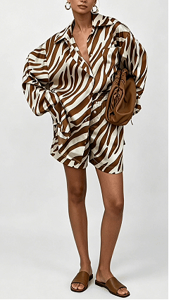 Women's Brown‑White Zebra‑Print Collared Shirt & Shorts Set - Nordfashionstorm - Women's Clothing, Fashion for You - Nordfashionstorm.com