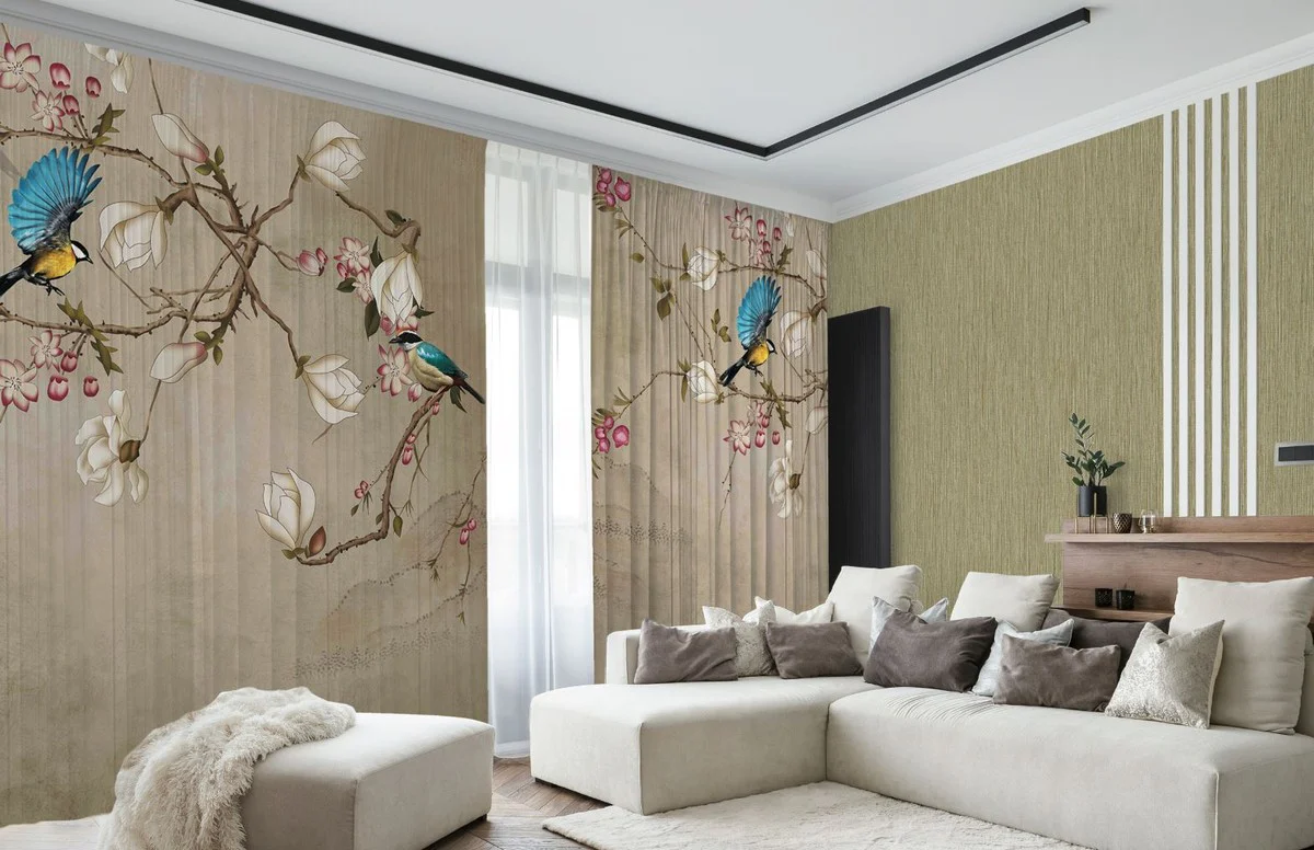 Luxury curtain set birds beige / multicolored 250 x H. 290 cm - printed linen & velvet curtains - eyelet curtains - sliding curtains - luxury quality
