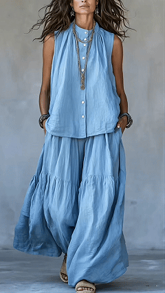 Women's Two-Piece Set: Stand-Collar, Sleeveless Top with Front Placket & Wide-Leg Pants - Nordfashionstorm - Women's Clothing, Fashion for You - Nordfashionstorm.com
