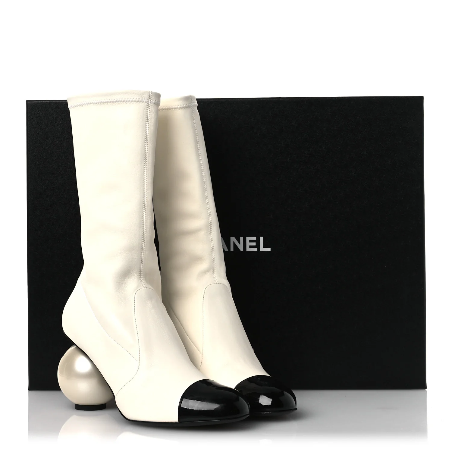 Stretch Lambskin Patent Cap Toe Pearl Ball Mid Calf Boots 39 White Black - Top Club