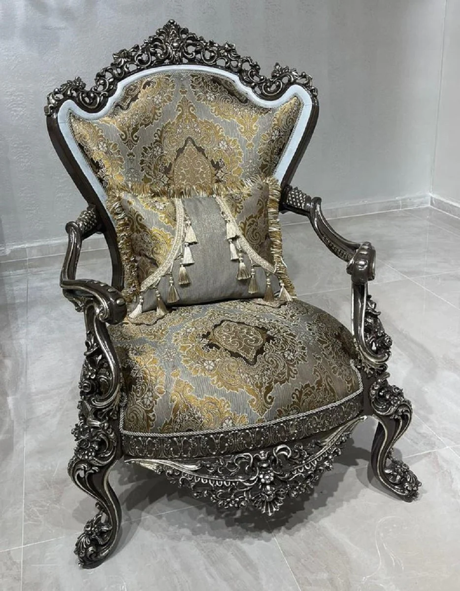 Luxury Baroque Living Room Set Silver / Gold / White / Black / Silver - 2 Baroque Sofas & 2 Baroque Armchairs & 1 Baroque Coffee Table - Luxury Living Room Furniture in Baroque Style - Baroque Furniture