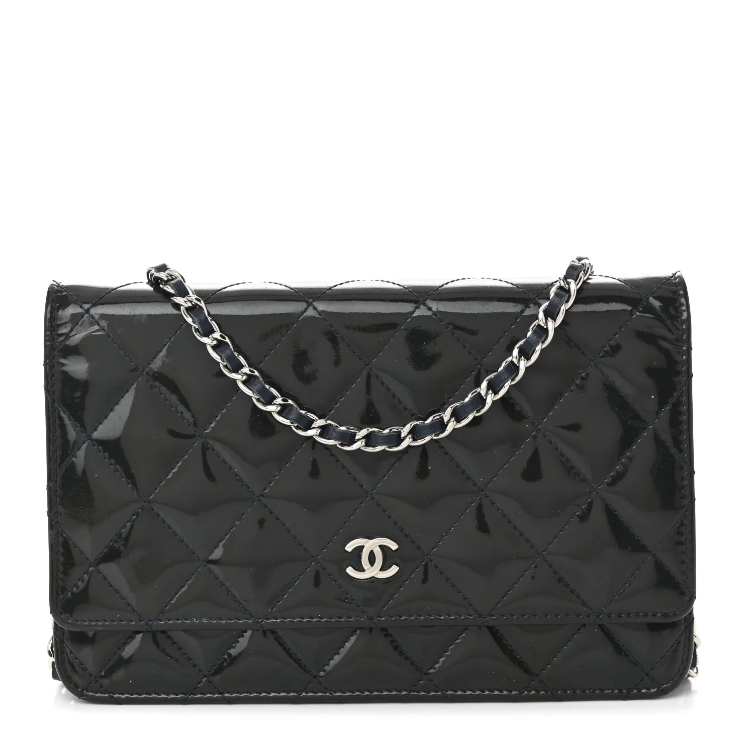 Patent Quilted Wallet On Chain WOC Navy Blue