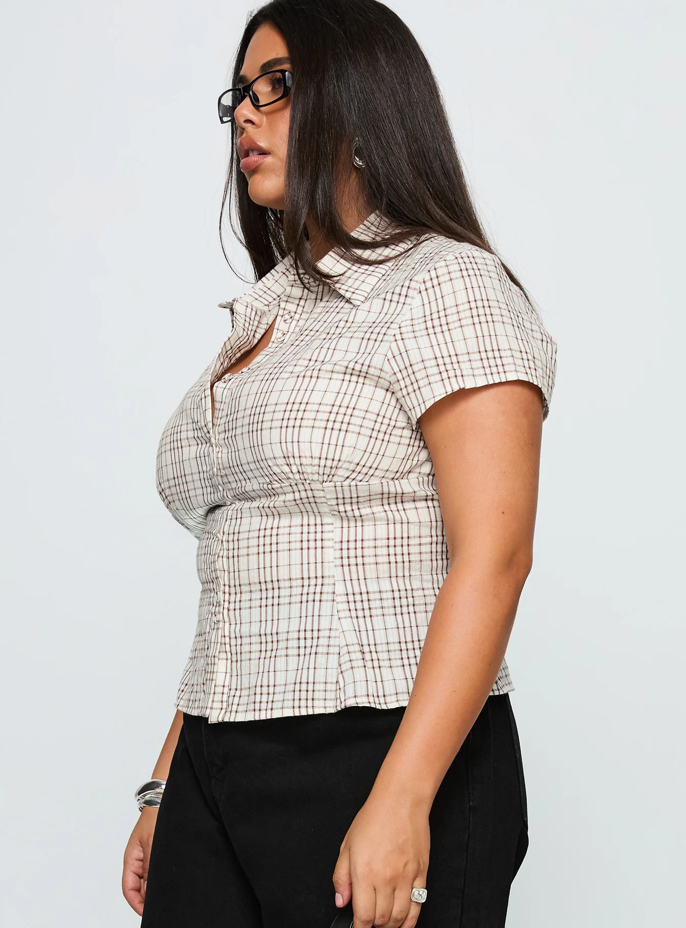 Cottesloe Blouse Top Brown Check Curve