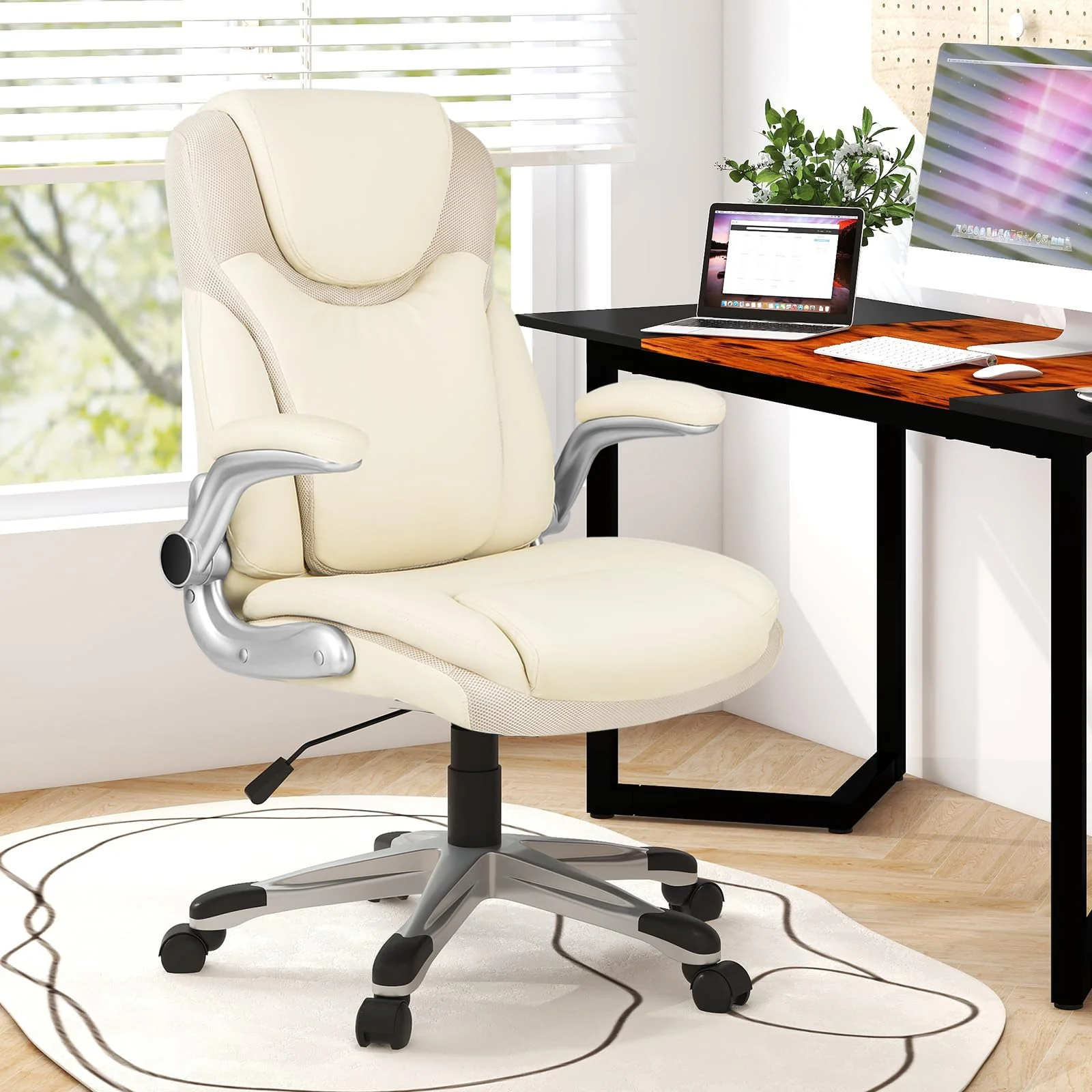 BEFOUNDLOVELY Executive Office Chair, PU Leather Ergonomic Desk Chair with Flip-up Armrests and Height Adjustable