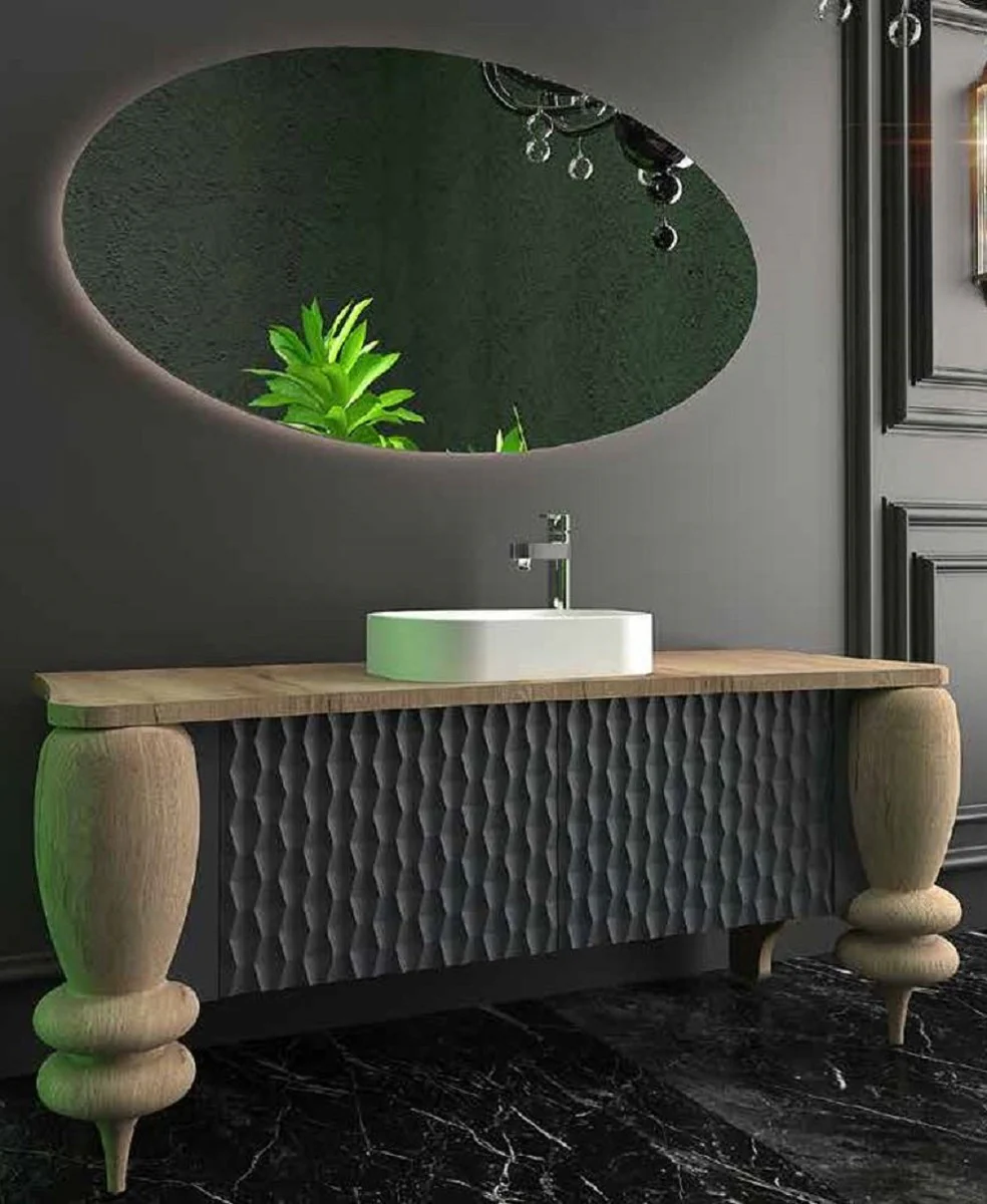 Luxury bathroom set natural colors / gray / white - 1 vanity unit with 2 doors and 1 sink and 1 LED wall mirror - luxury bathroom furniture