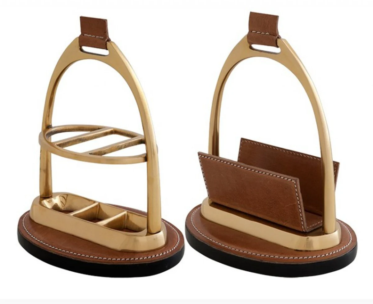 Luxury desk set: letter stand and pen stand made of brown genuine leather, ballpoint pen stand - card stand