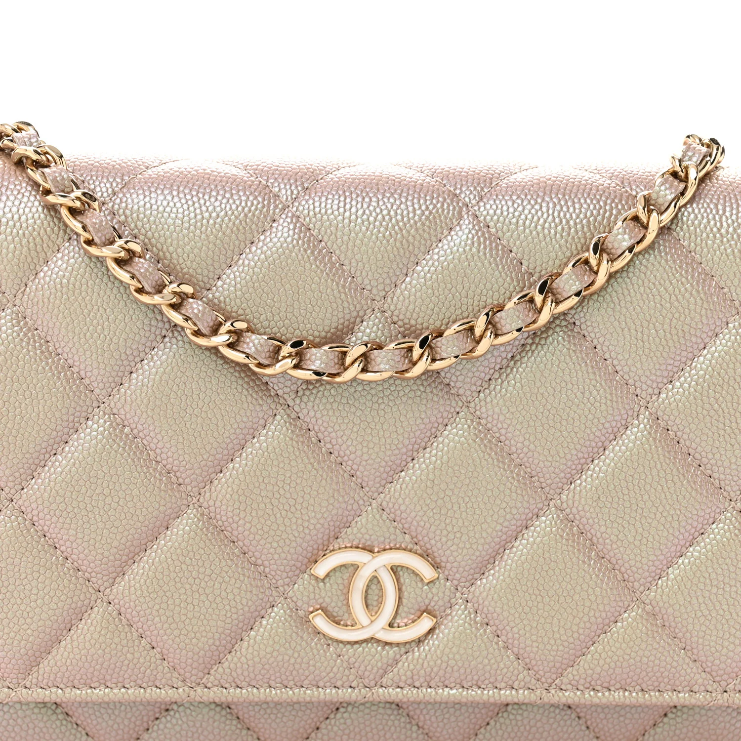 Iridescent Caviar Quilted Wallet on Chain WOC Beige - Top Club