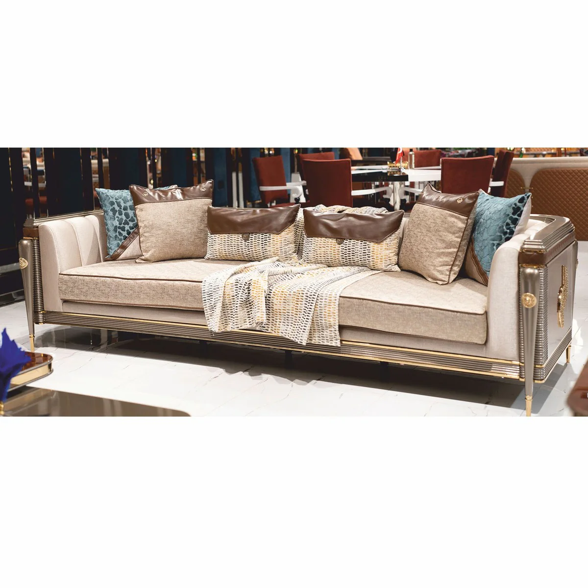 Luxury Sofa Gray / Brown / Gold 280 cm - Living Room & Hotel Furniture