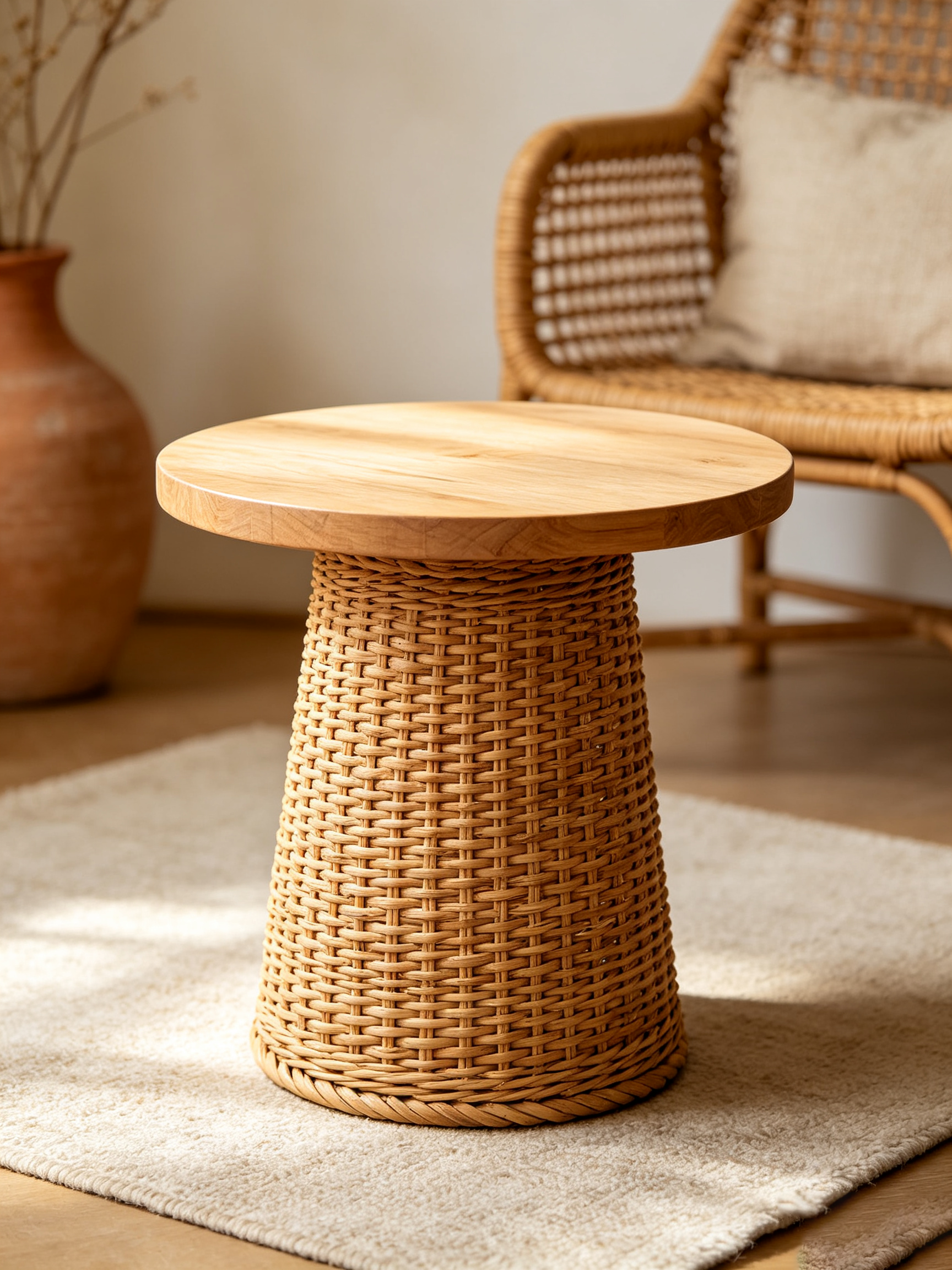 Round Wood Top Rattan Woven Side Table