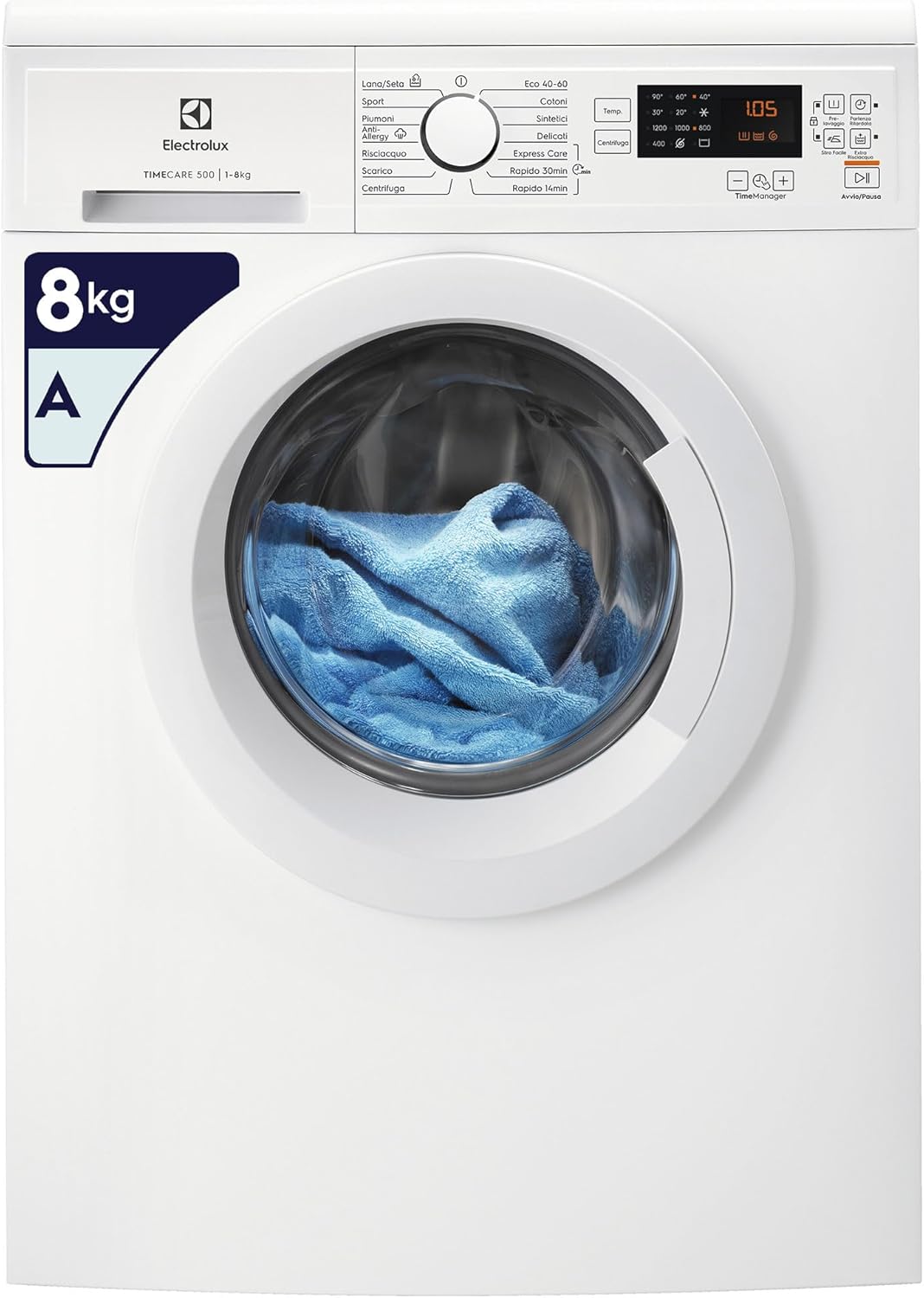 Electrolux PerfectCare 500 Lavatrice Carica Frontale 8 kg, EW2F5W82, Tecnologia TimeCare con Funzione TimeManager e Cestello per la Pulizia Delicata, Classe A, 847x597x540 mm, Bianco
