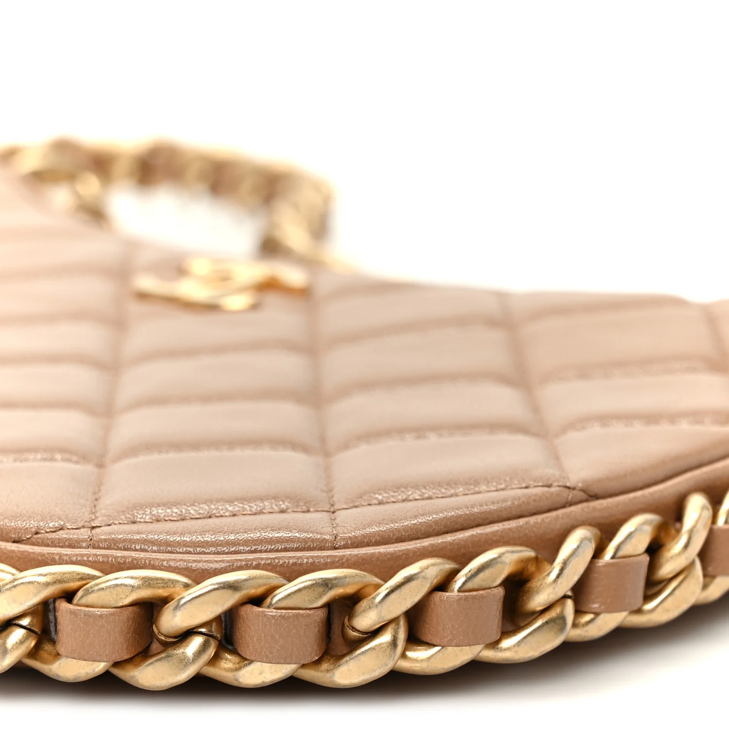 Shiny Crumpled Lambskin Quilted Trendy Chain Around Hobo Dark Beige - Top Club