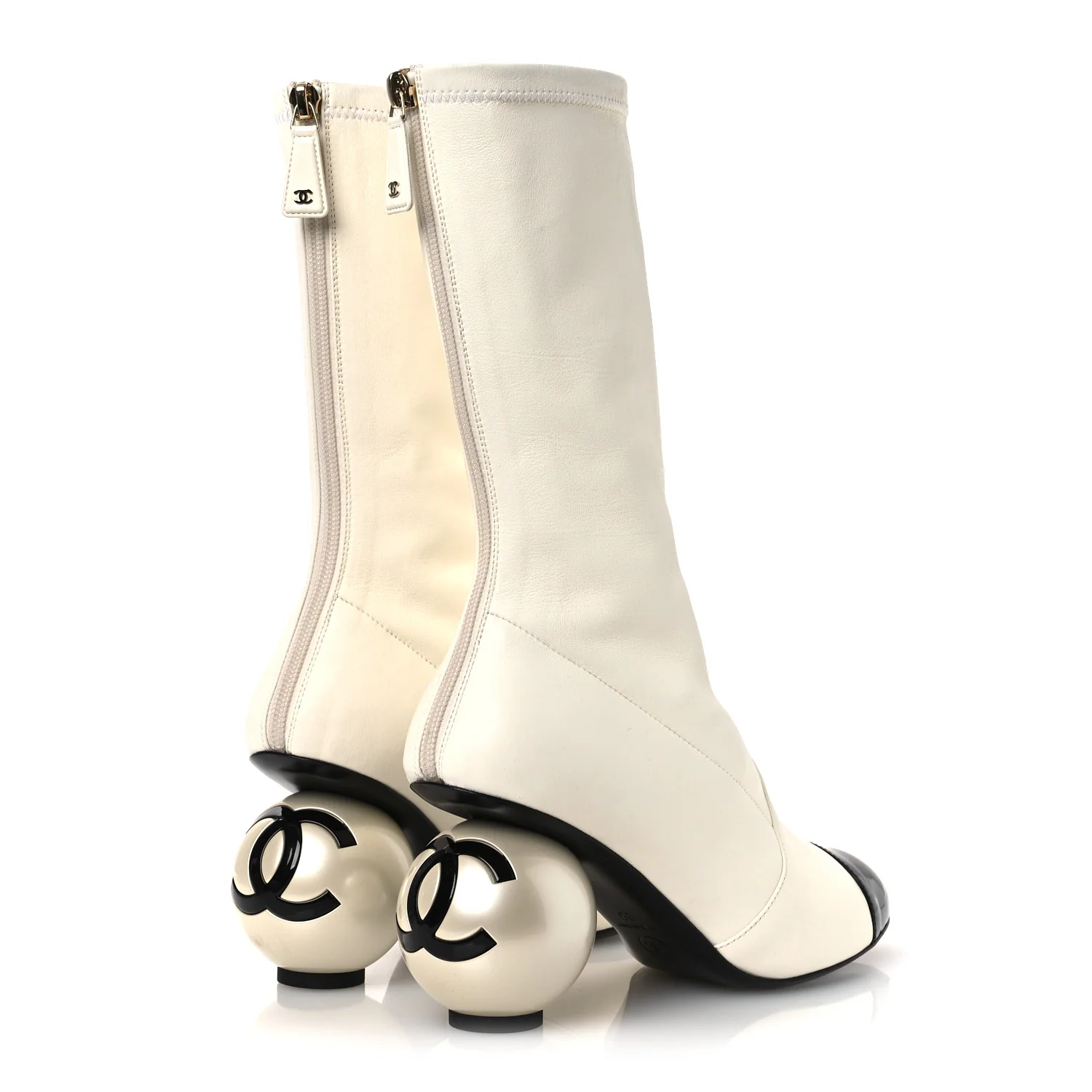Stretch Lambskin Patent Cap Toe Pearl Ball Mid Calf Boots 39 White Black - Top Club