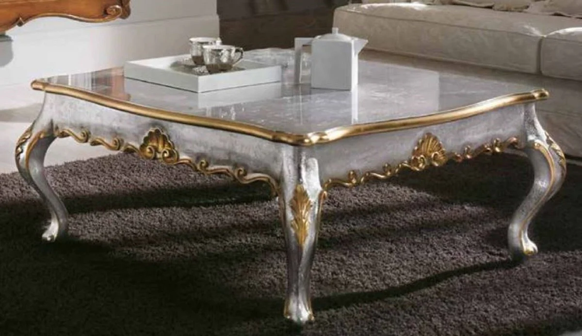 Luxury Baroque Coffee Table Silver / Gold - Square Solid Wood Living Room Table in Baroque Style - Baroque Furniture - Baroque Interior - Noble & Magnificent - Luxury Quality - Made in Italy