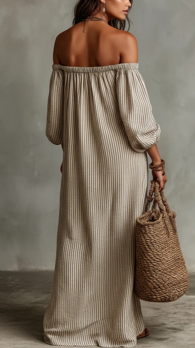 Women's Striped Off-Shoulder Cotton-Linen Vacation-Style Dress - Nordfashionstorm - Women's Clothing, Fashion for You - Nordfashionstorm.com