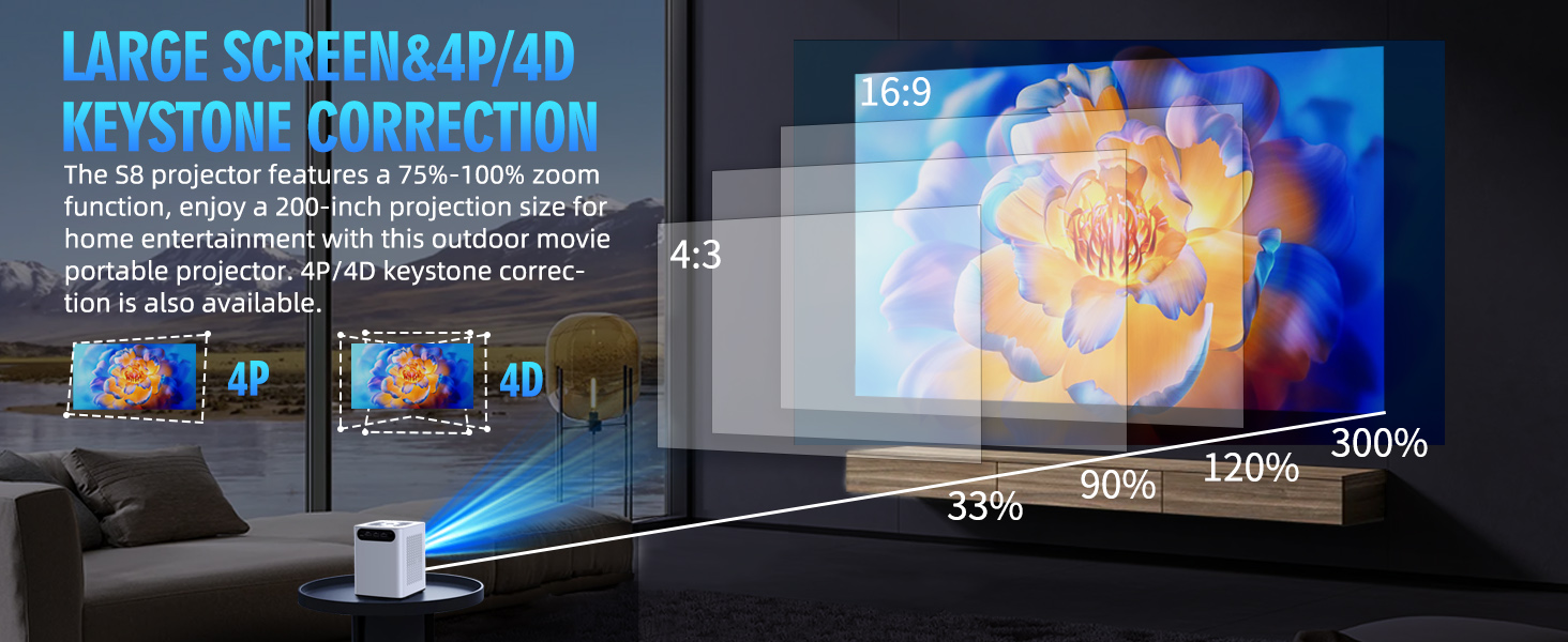 Large screen&4P/4D keystone correction