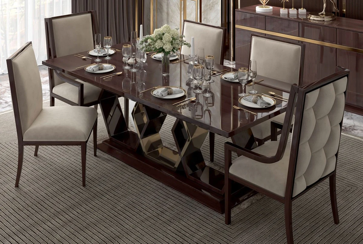 Luxury Art Deco dining room set beige / dark brown high gloss / gold - 1 dining room table & 6 dining room chairs - Art Deco dining room furniture - luxury quality
