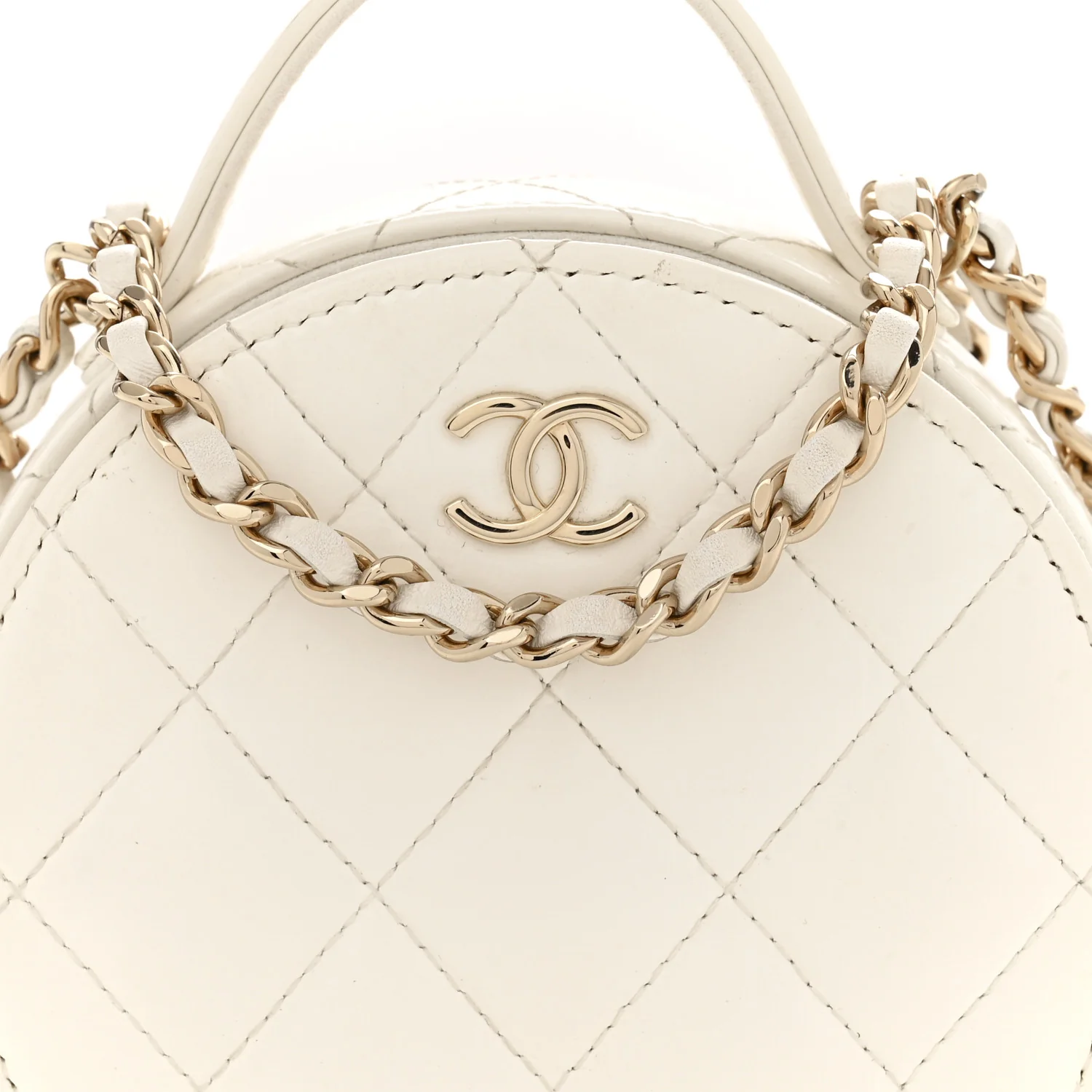 Lambskin Quilted Round Handle With Care Vanity With Chain White - Top Club