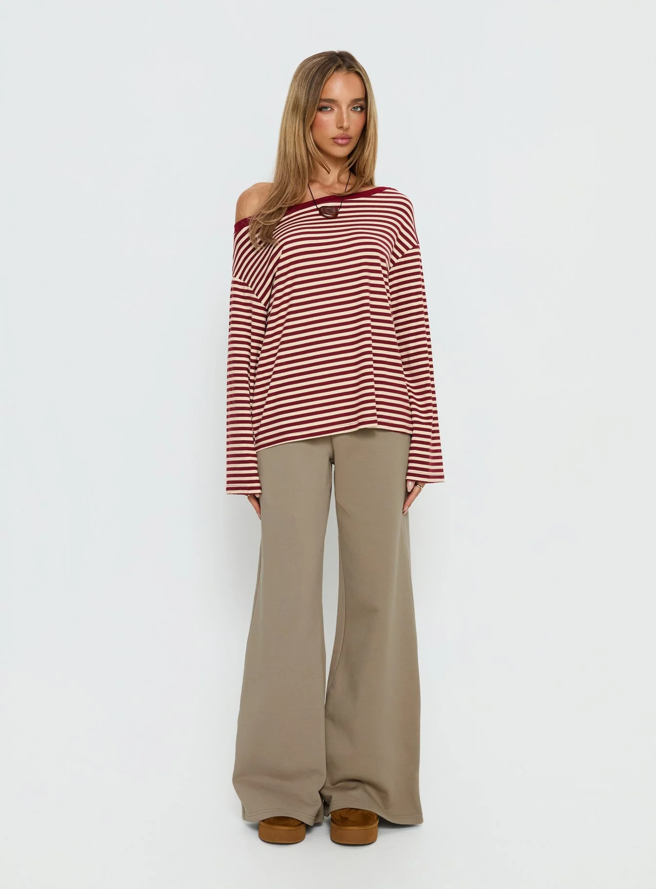 Ralyssa Off Shoulder Long Sleeve Top Red Stripe