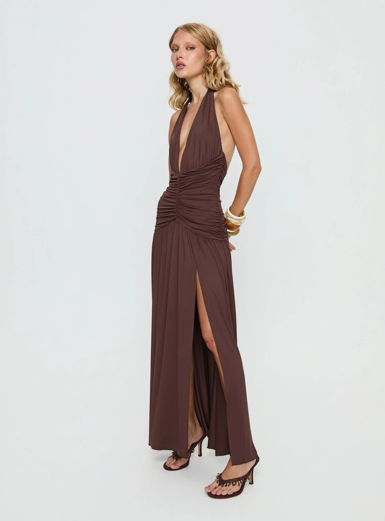 Diona Halter Ruched Maxi Dress Brown