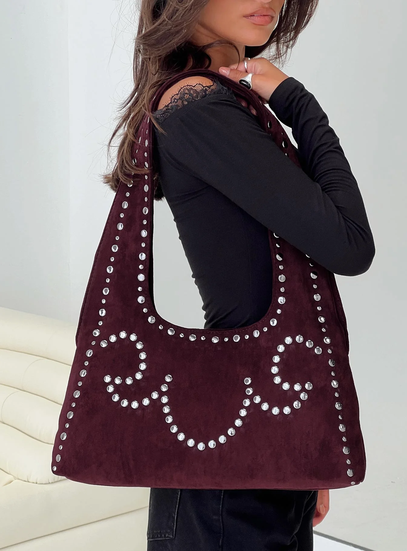 Lemoni Faux Suede Stud Bag Burgundy