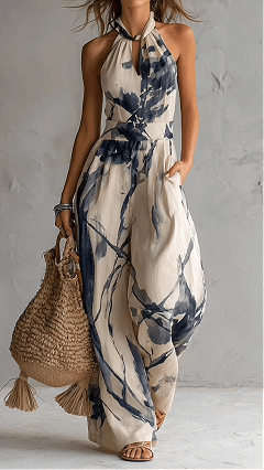 Women's Ink Print Halter Neck Wide-Leg Jumpsuit - Nordfashionstorm - Women's Clothing, Fashion for You - Nordfashionstorm.com