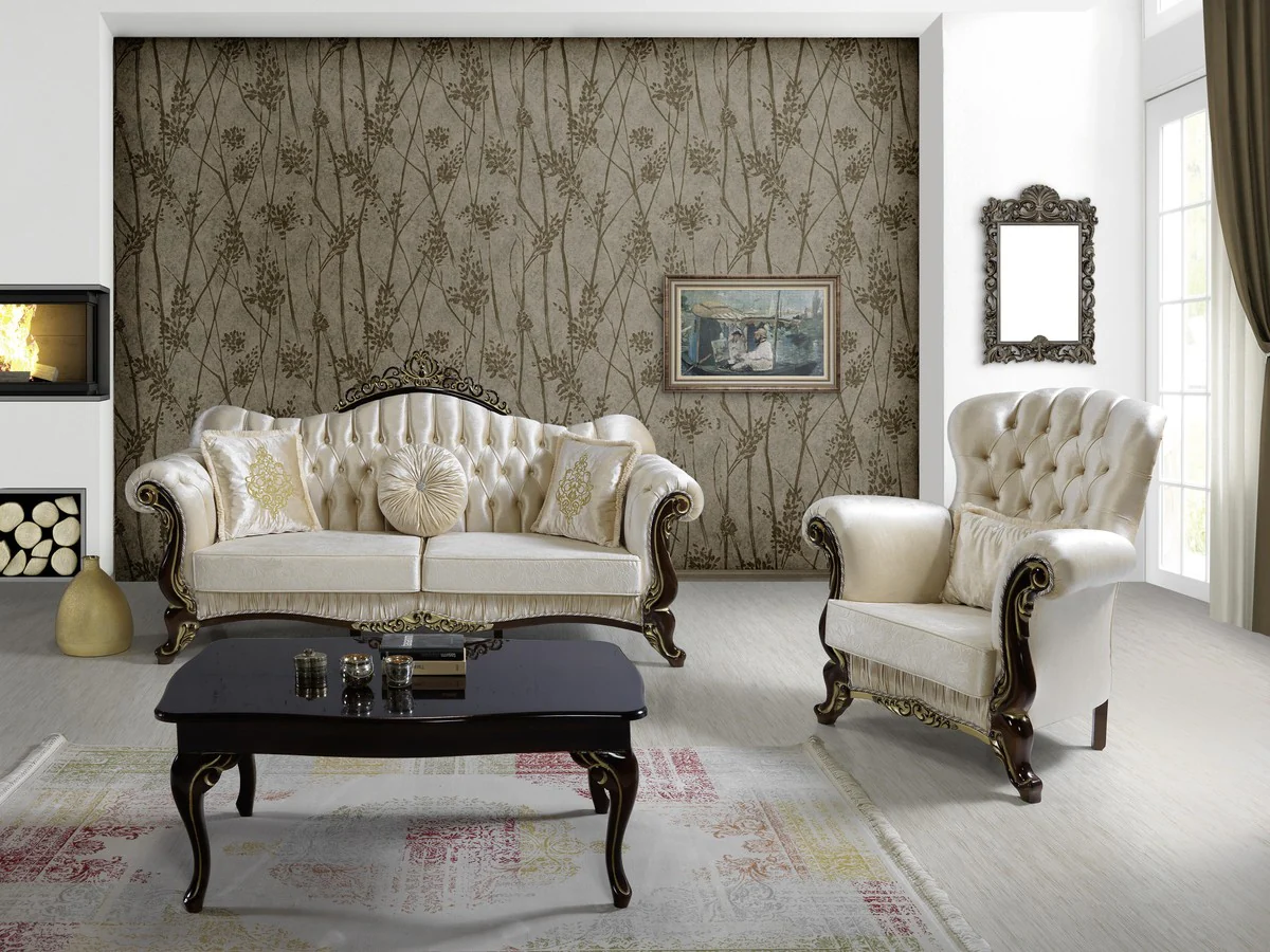 Baroque living room set champagne colors / black / gold - 2 sofas & 2 armchairs & 1 coffee table - living room furniture - noble & magnificent