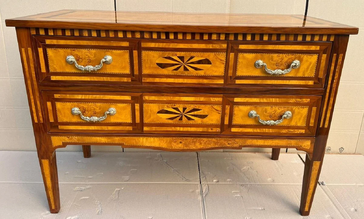 Biedermeier chest of drawers with 2 drawers brown / natural color / silver - Handcrafted solid wood chest of drawers - Biedermeier bedroom furniture