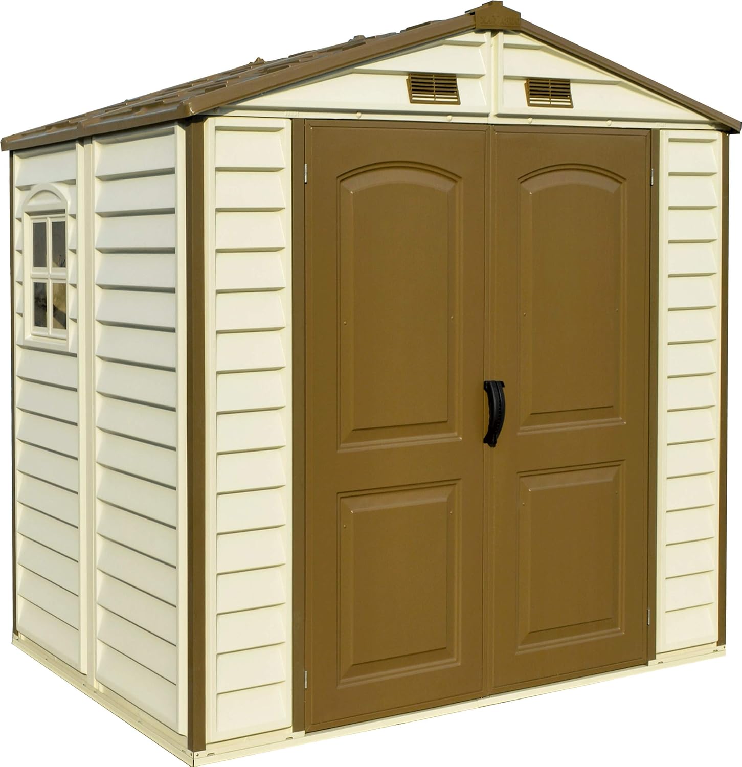 Duramax StoreAll 2.4 x 1.6 m, Casetta da Giardino in plastica con 1 Finestra Fissa e Kit di Fondazione in Metallo, Struttura del Tetto in Metallo Robusta, Avorio e Marrone