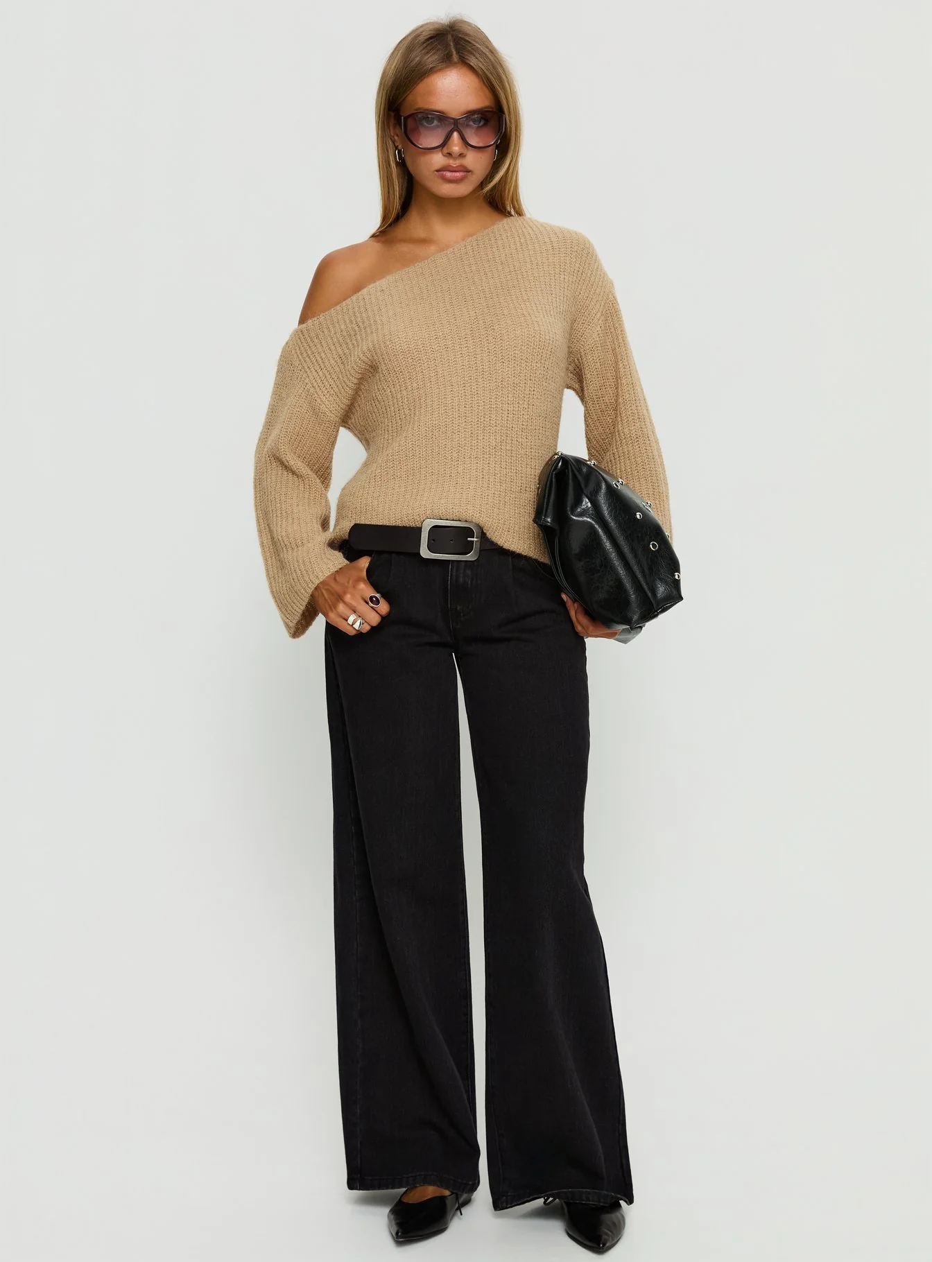 Delyn Off Shoulder Slouchy Knit Sweater Camel