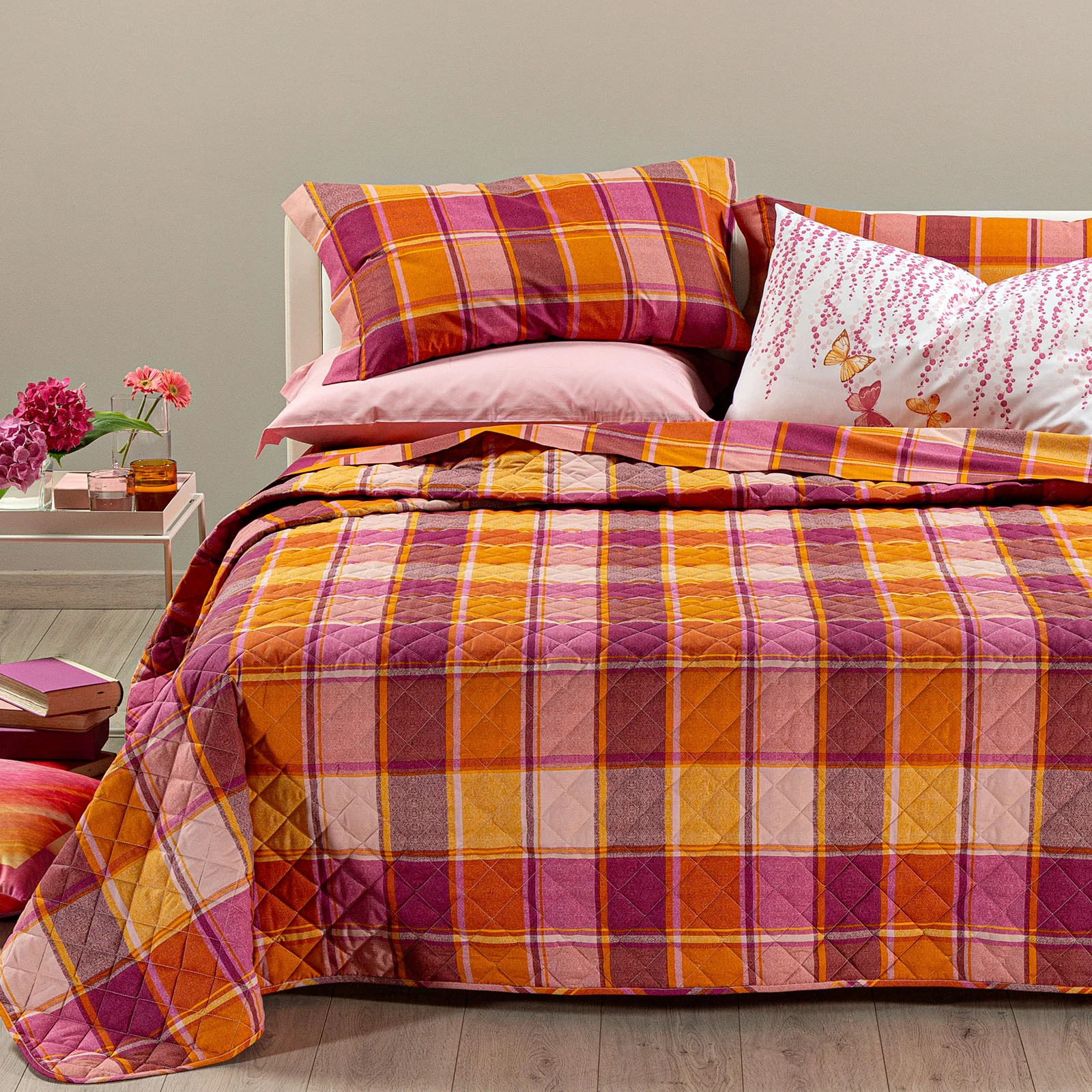 Quilted cotton bedspread single coral caleffi