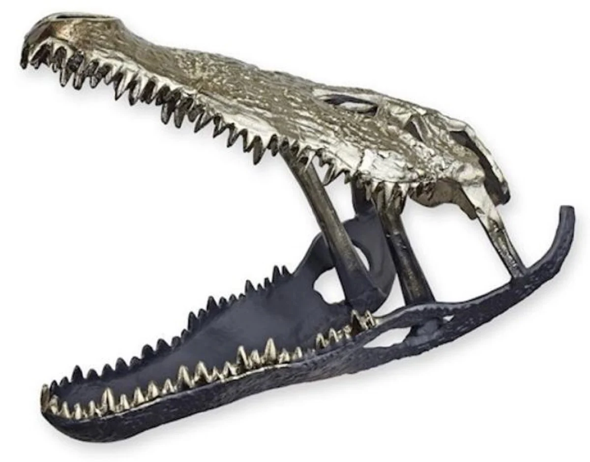 Luxury aluminum decorative sculpture crocodile skull silver / black 54.5 x 27 x H. 38.4 cm - aluminum decorative figure - living room decoration - desk decoration