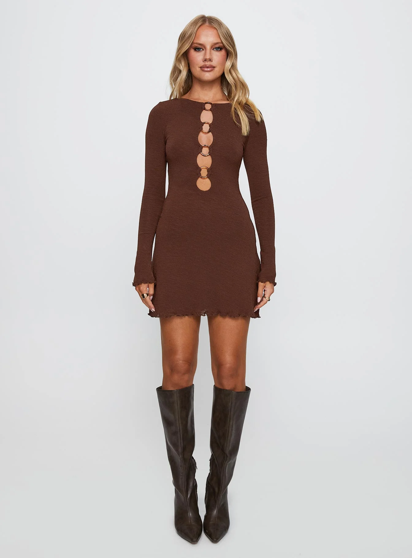 Dejonge Long Sleeve Ring Mini Dress Brown