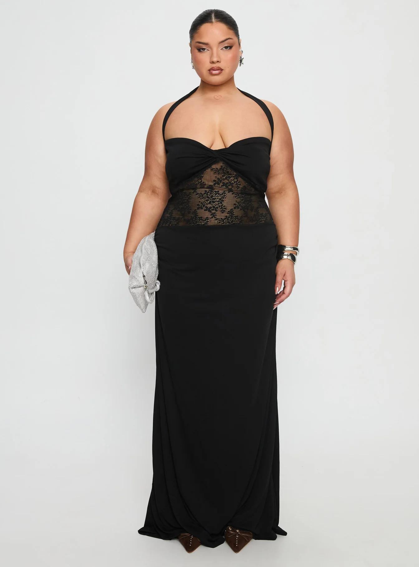 Adalyne Lace Halter Maxi Dress Black Curve