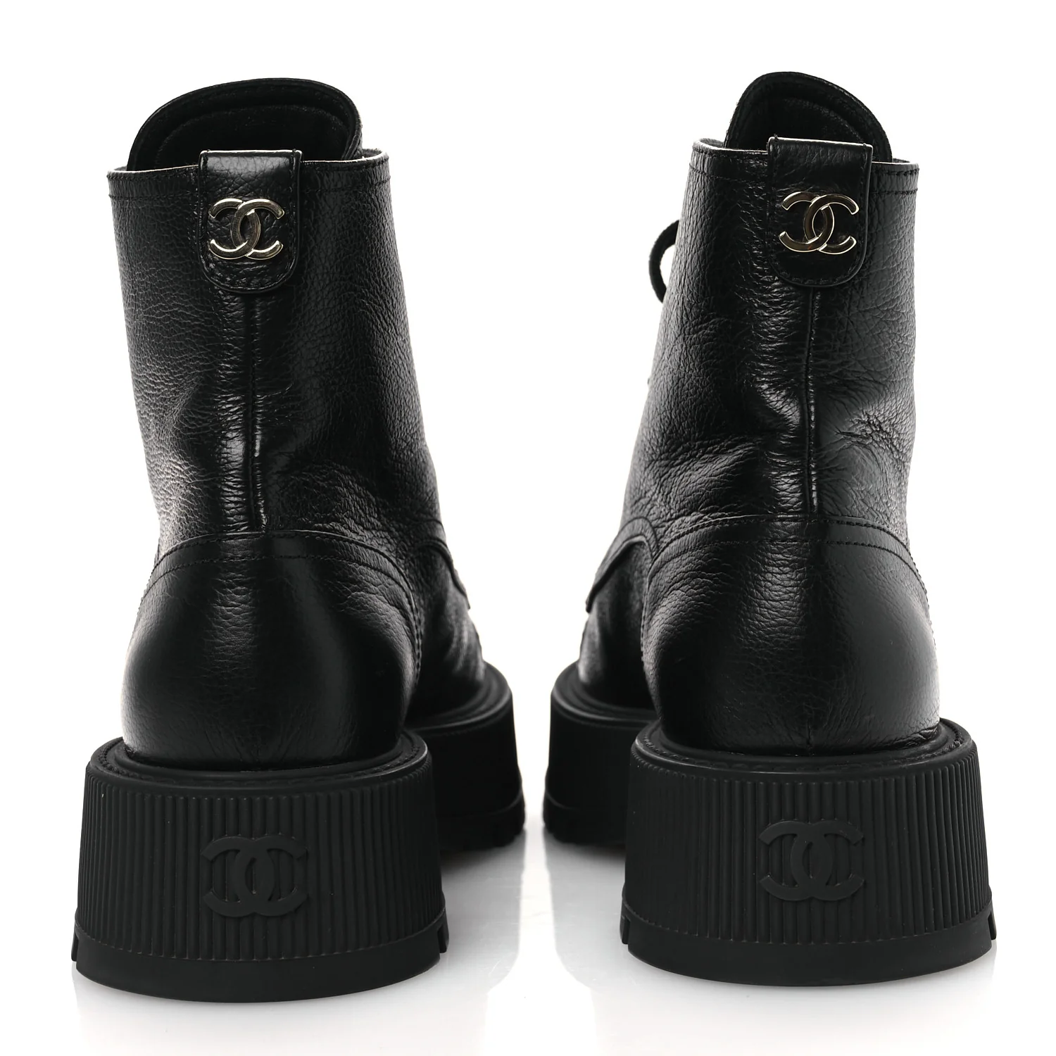 Grained Calfskin Shiny Calfskin CC Lace Up Combat Boots 38.5 Black - Top Club