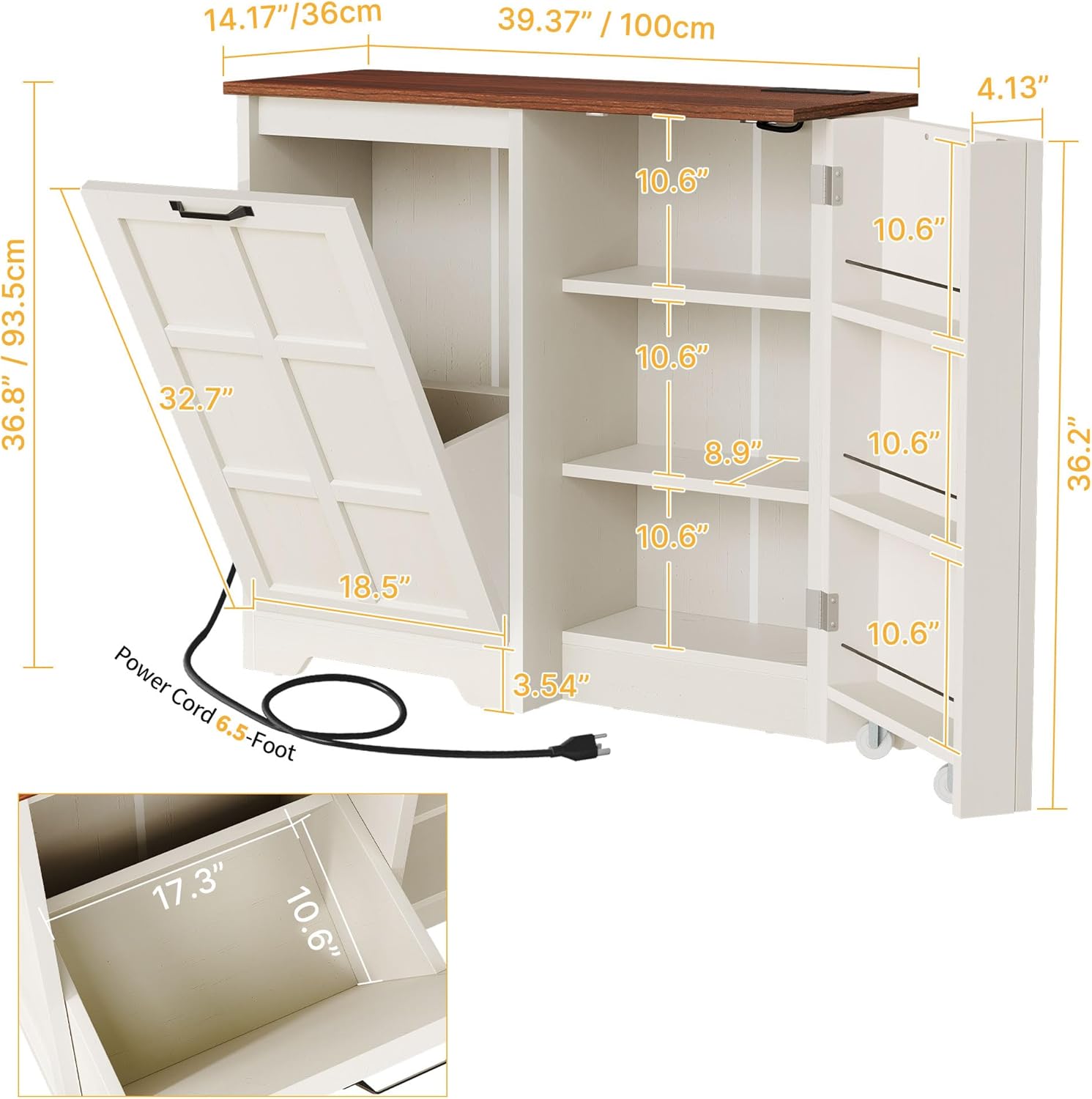 DWVO Tilt Out Trash Cabinet, 13 Gallon Cabinet Trash Can with Outlet/Adjustable Shelves, Hidden Pull Out Trash Bin Cabinet, Kitchen Island with Trash Can Storage, White Oak