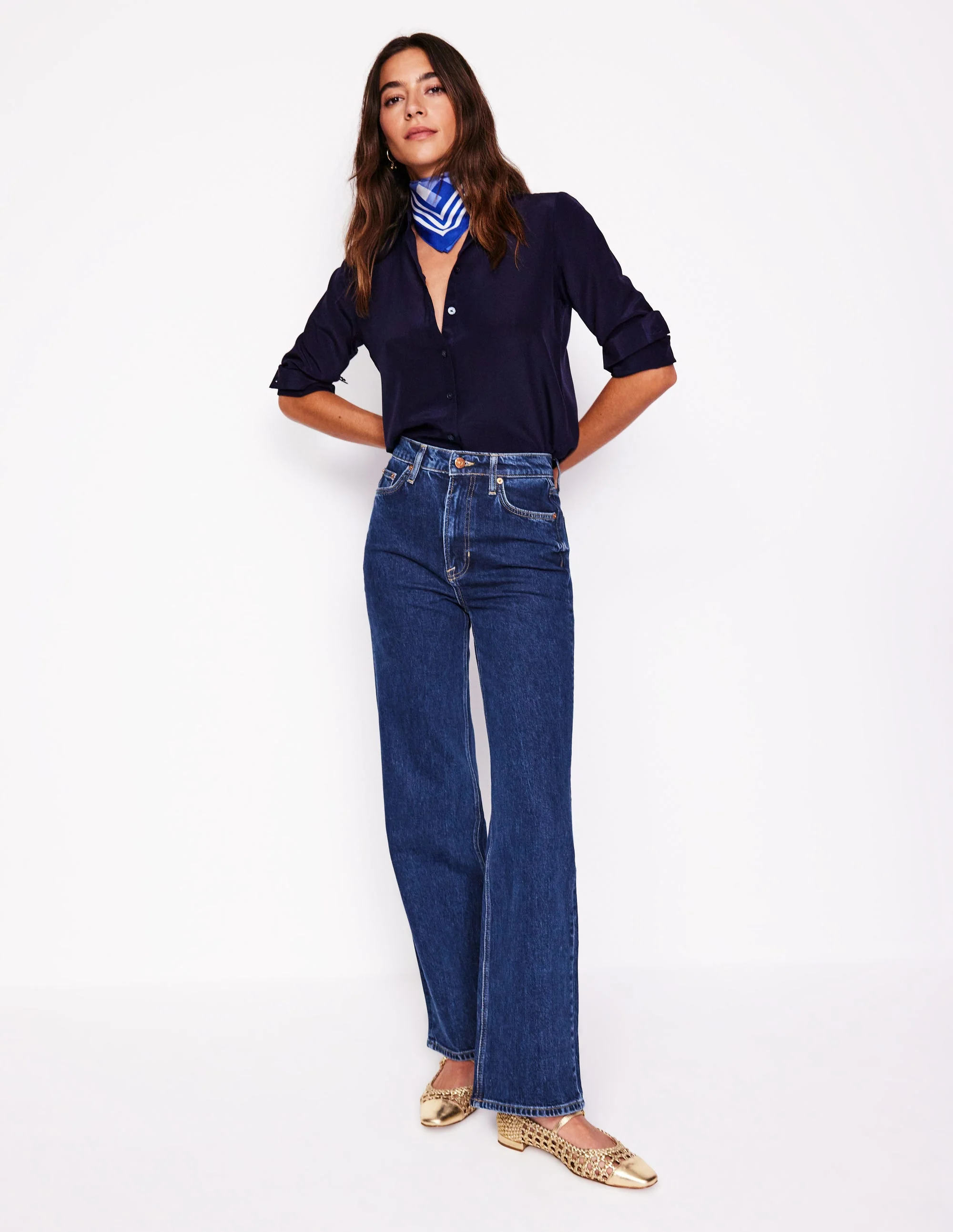 Jeans mit hohem Bund und geradem, weitem Bein-Dunkles Indigo