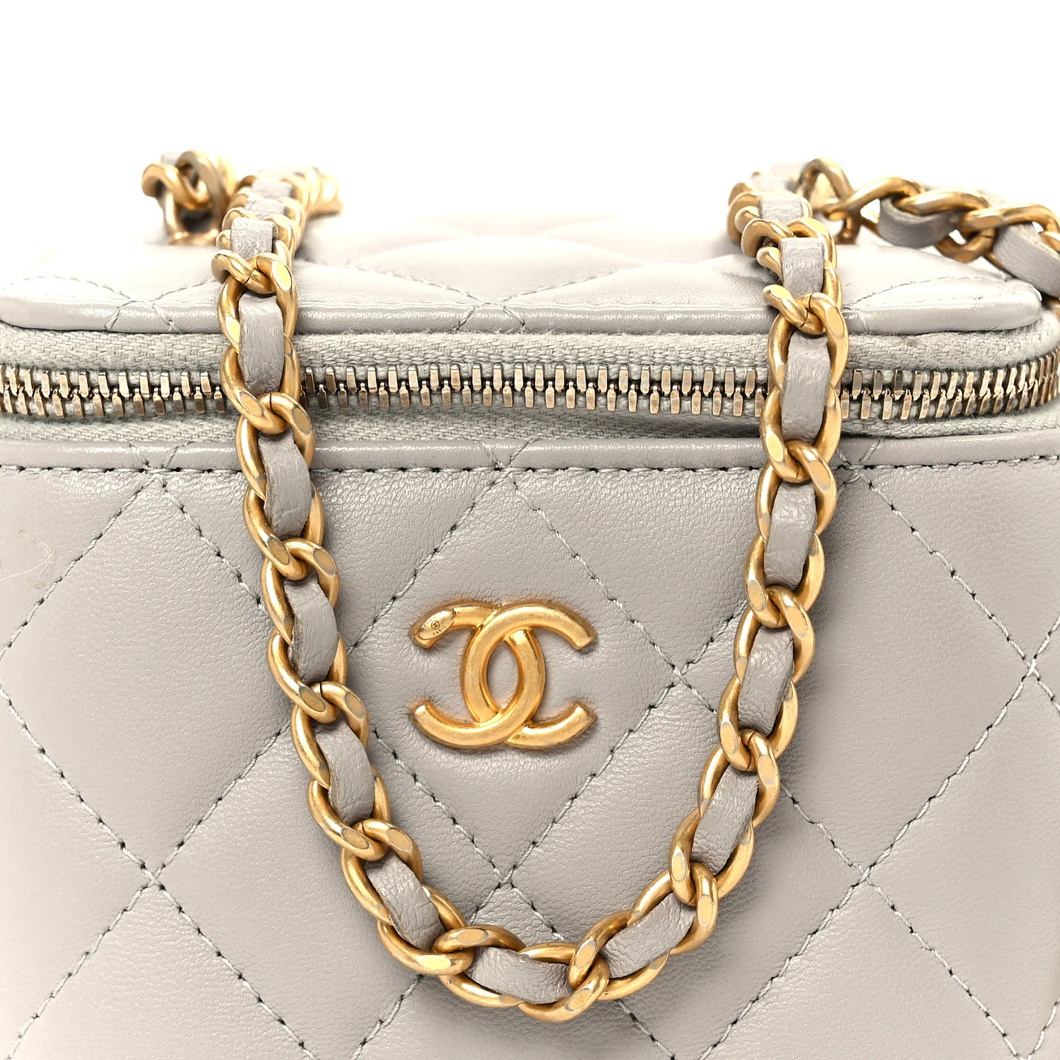 Lambskin Quilted Pearl Crush Mini Vanity Case With Chain Grey - Top Club