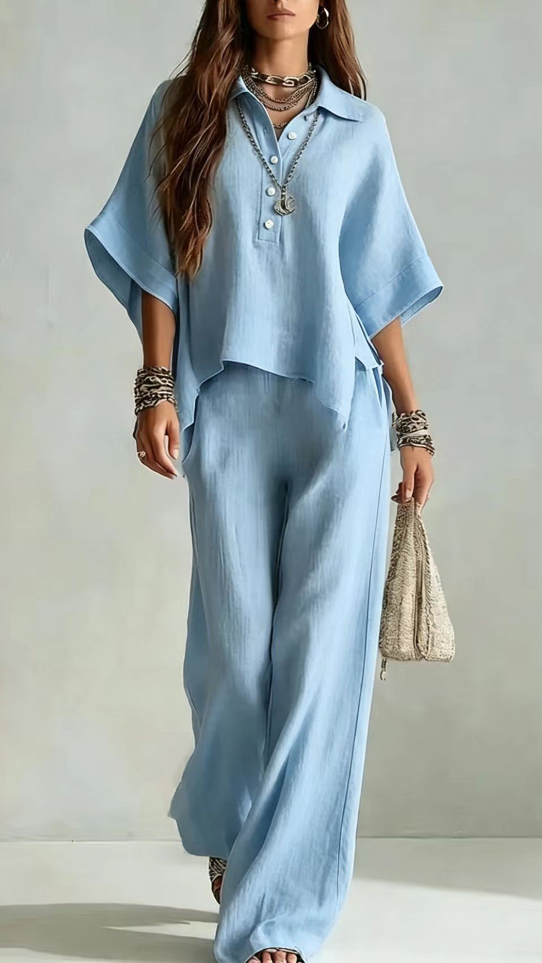 Women's Cotton-Blend Henley Neck Wide-Leg Pants Set - Nordfashionstorm - Women's Clothing, Fashion for You - Nordfashionstorm.com