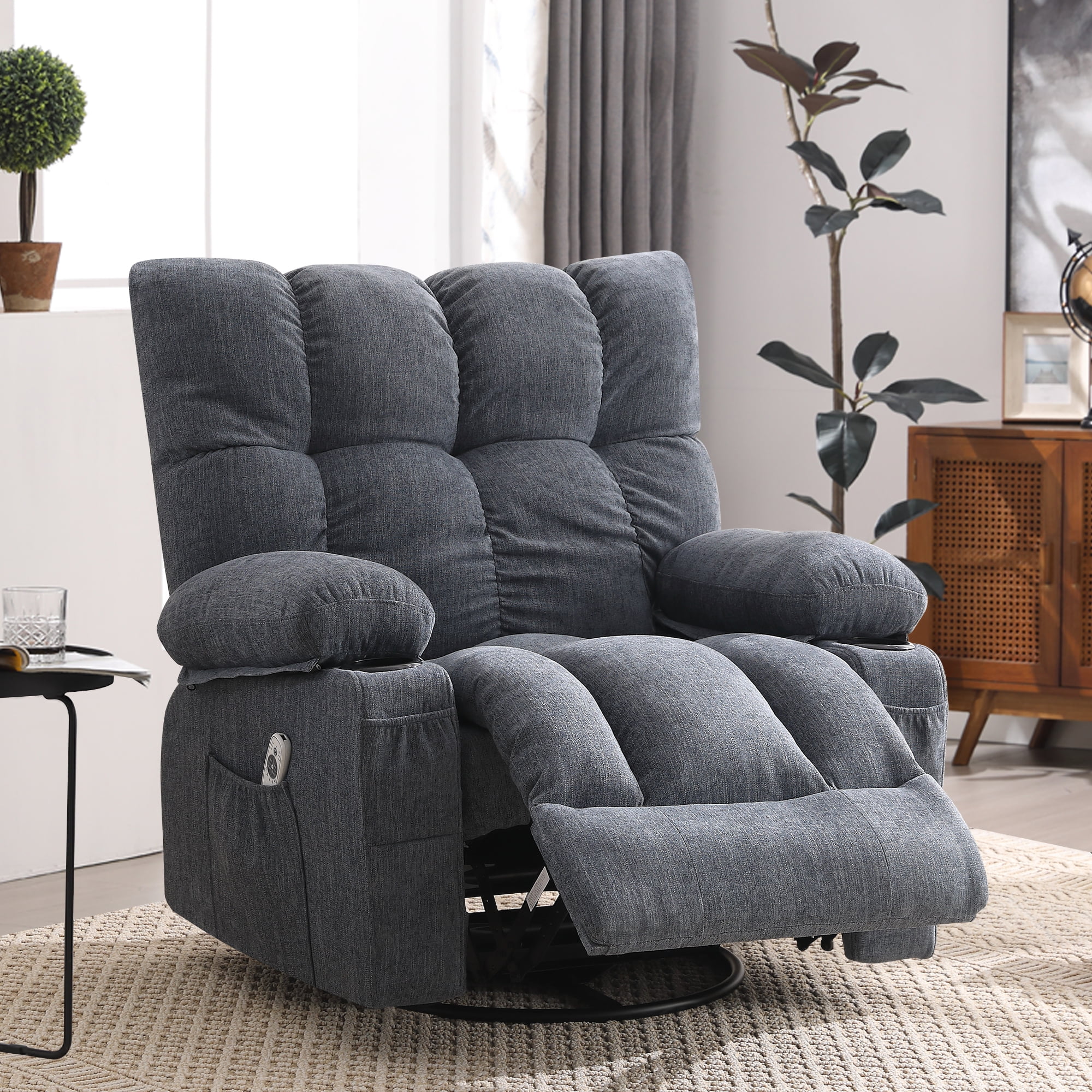 JONPONY Manual Recliner Chair with Heat Therapy and Massage Function, Heavy Duty Reclining Mechanism Massage Chair, Elderly Single Rocker Sofa with Cup Holders for Bedroom Home Theater, Grey