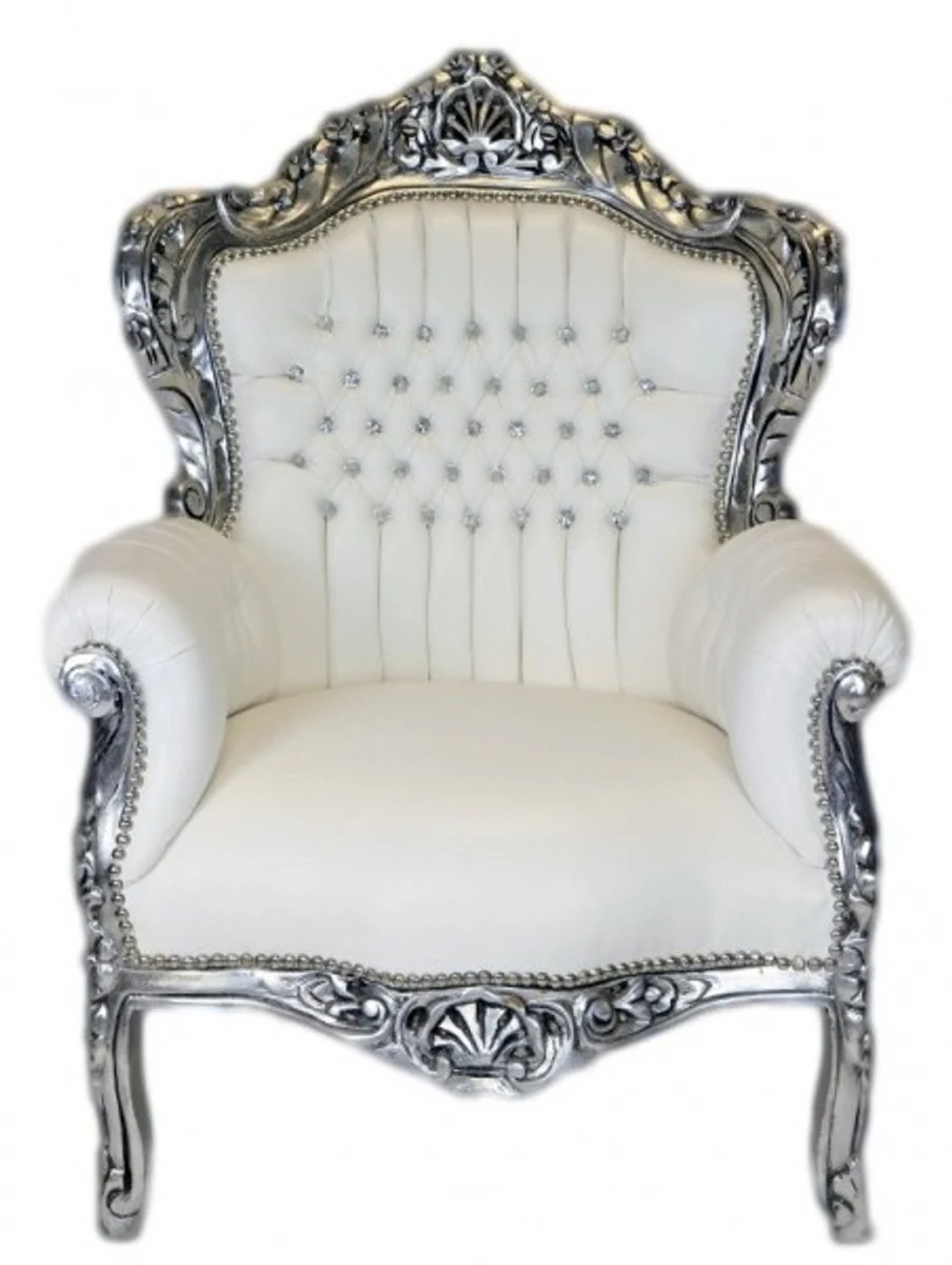Baroque armchair King white leather look / silver with bling bling glitter stones - lounge furniture