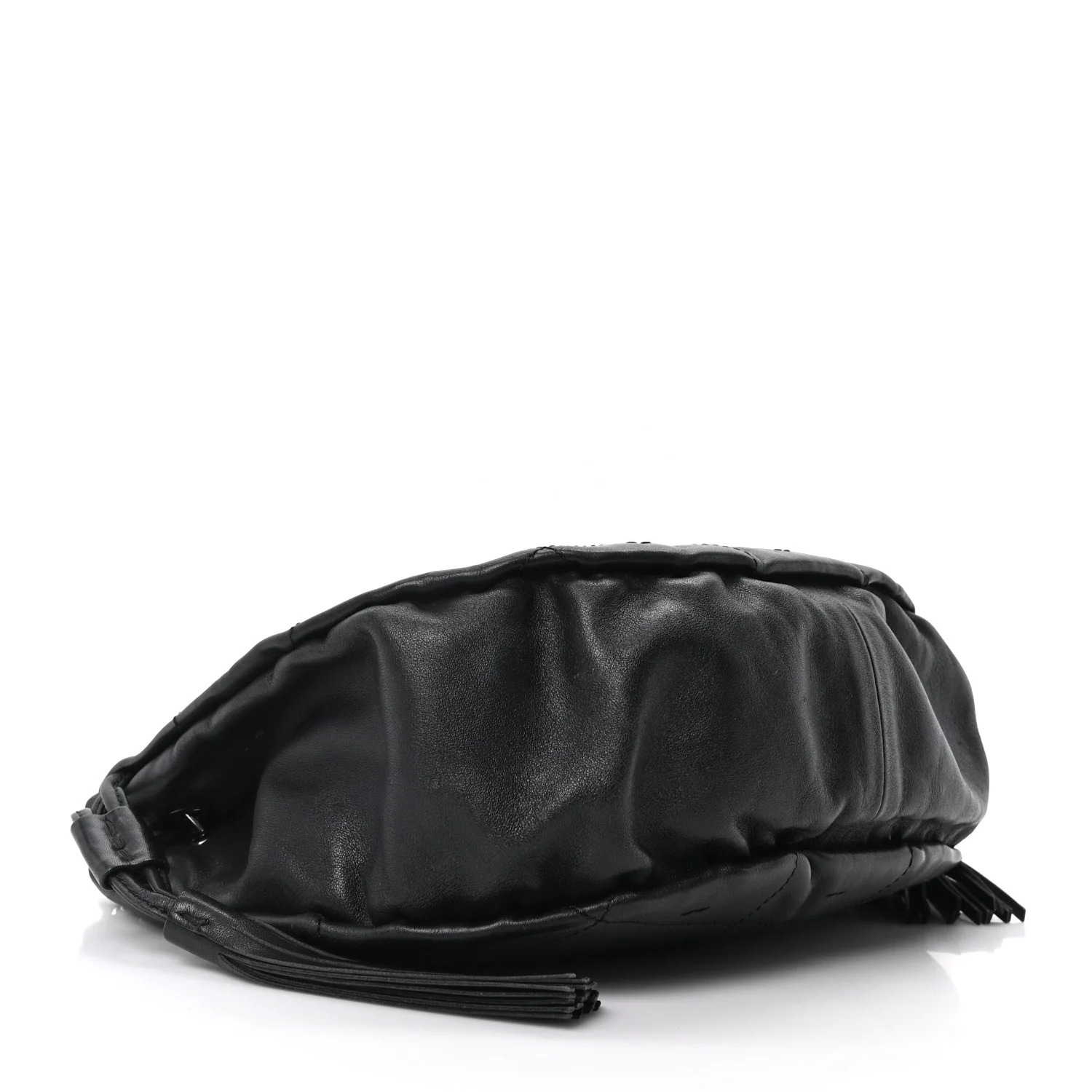 Lambskin Stitched Chocolate Bar Chain Fringe Hobo Black - Top Club