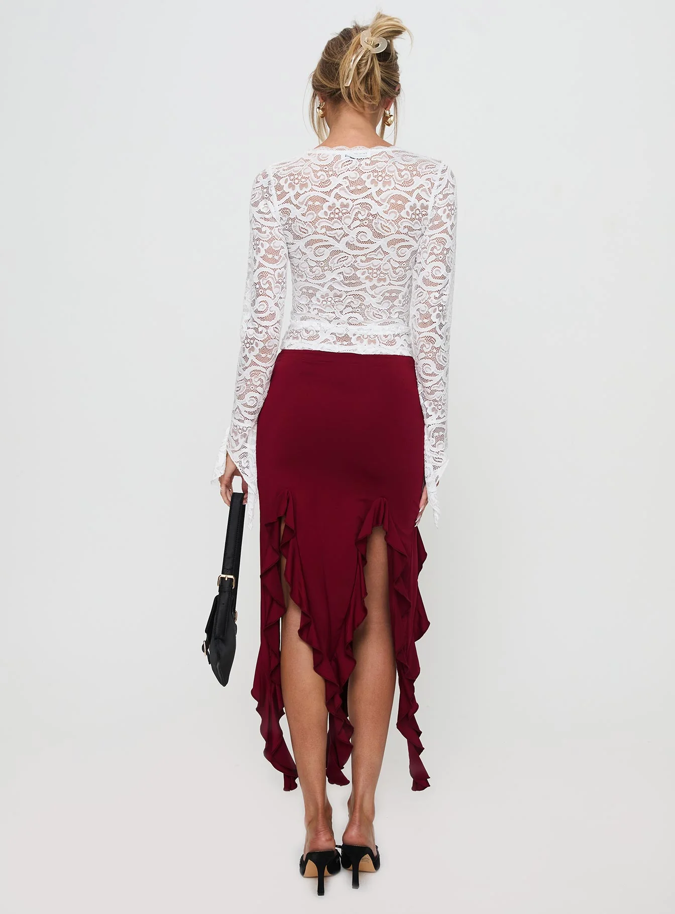 Peachey Asymmetric Ruffle Midi Skirt Burgundy