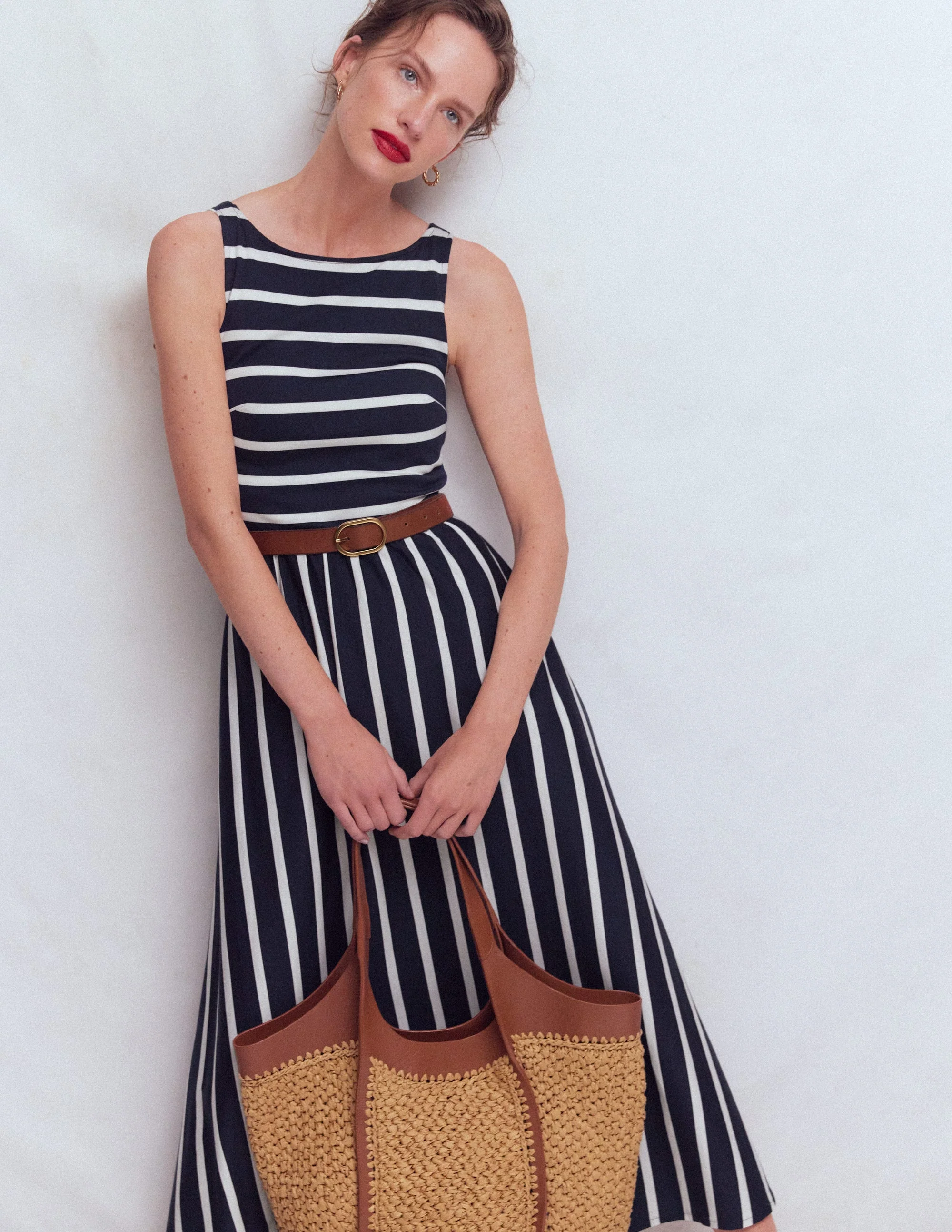 Saoirse Gesmoktes Jerseykleid-Marineblau, Naturweiß Gestreift