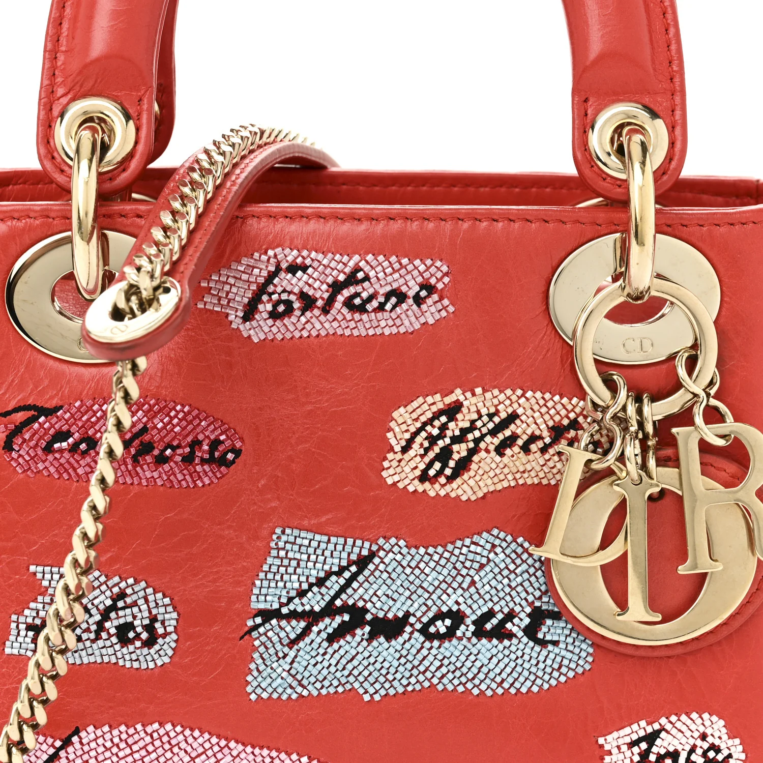 Calfskin Beaded Mini Lady Dior Rouge Multicolor - Top Club