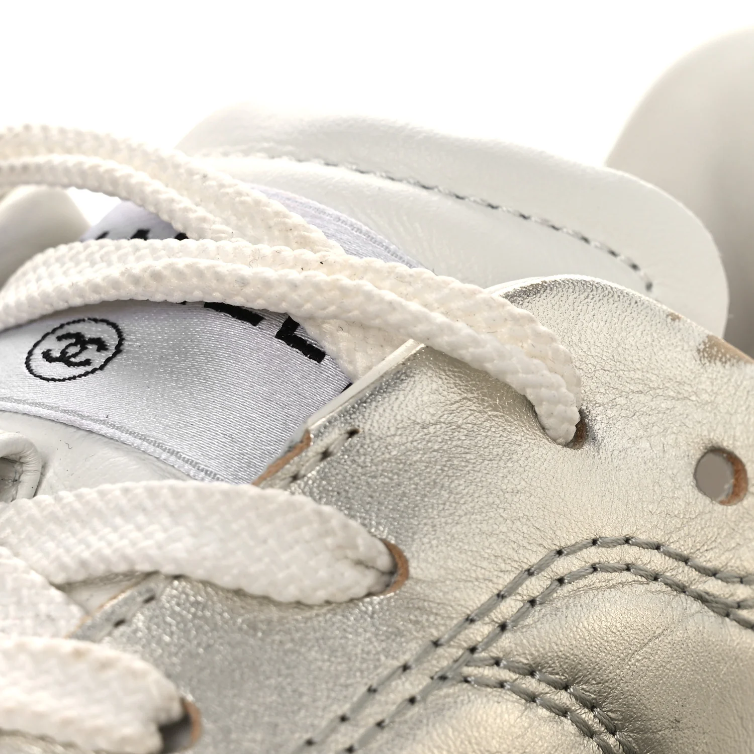 Laminated Calfskin Suede Quilted Womens CC Sneakers 39 Silver White - Top Club