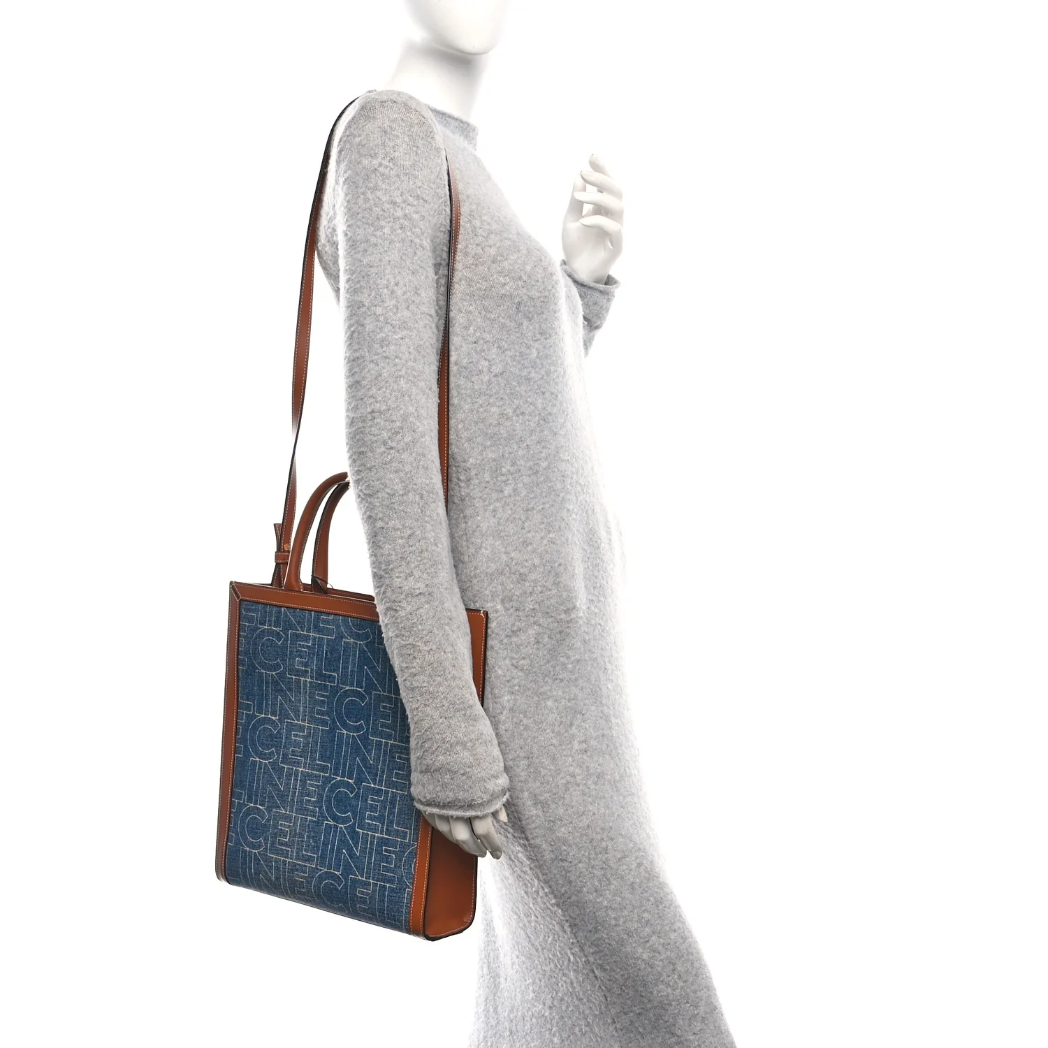 Denim All Over Print Small Vertical Cabas Navy Tan