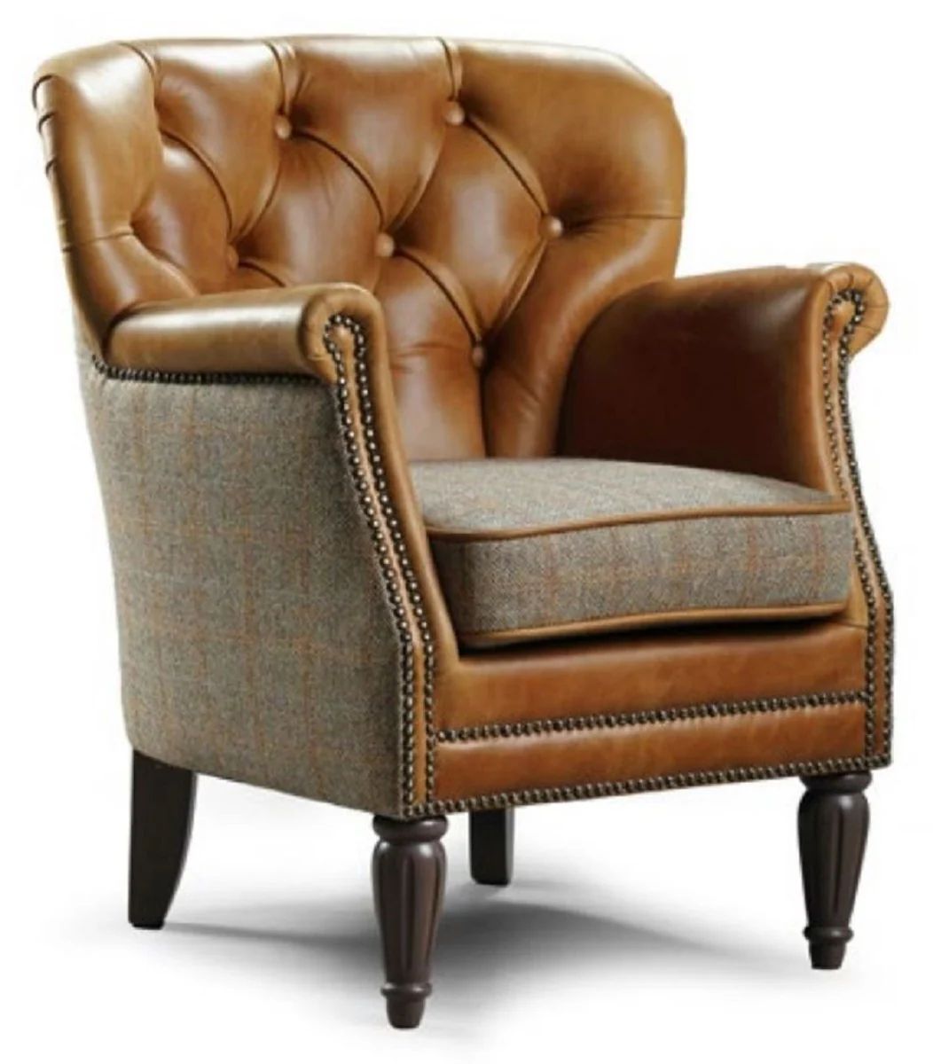 Luxury Chesterfield leather armchair brown / gray / dark brown 75 x 70 x H. 82 cm - genuine leather living room armchair - Chesterfield living room furniture