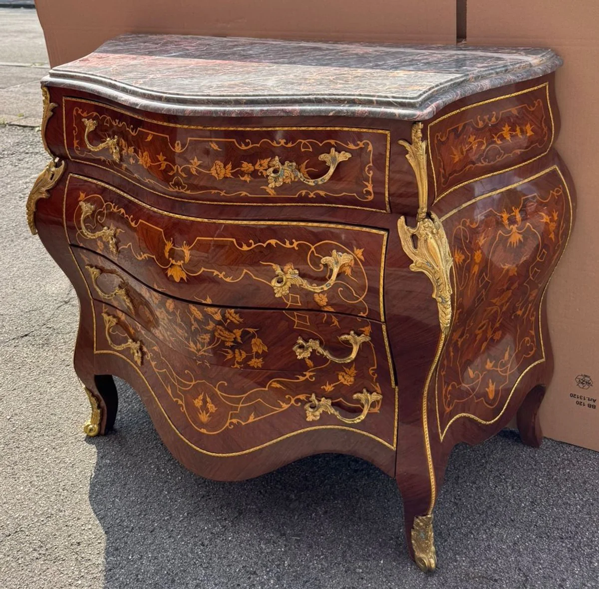 Baroque chest of drawers with 4 drawers and marble top brown inlay / gold / gray 100 cm
