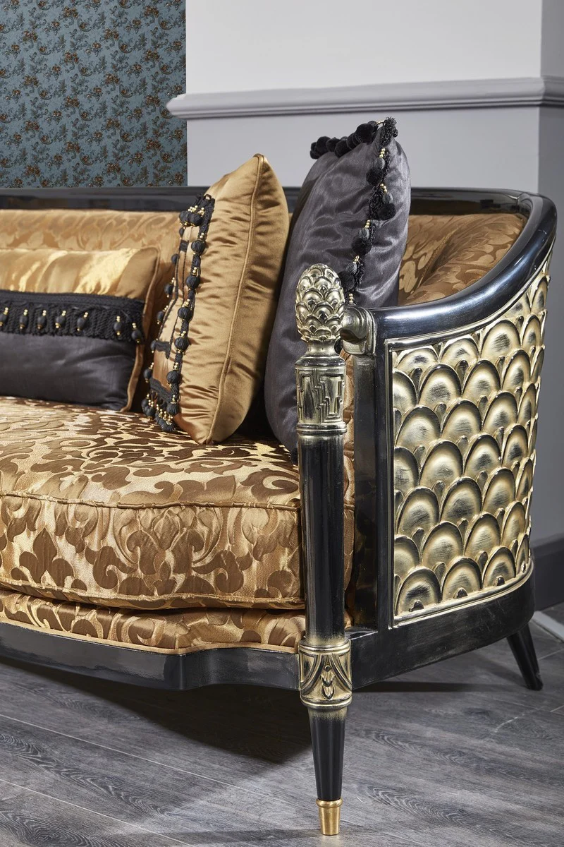 Luxury Baroque Living Room Set Gold / Black - 1 Sofa & 2 Armchairs & 1 Coffee Table & 1 Side Table - Magnificent Baroque Furniture - Luxury Quality